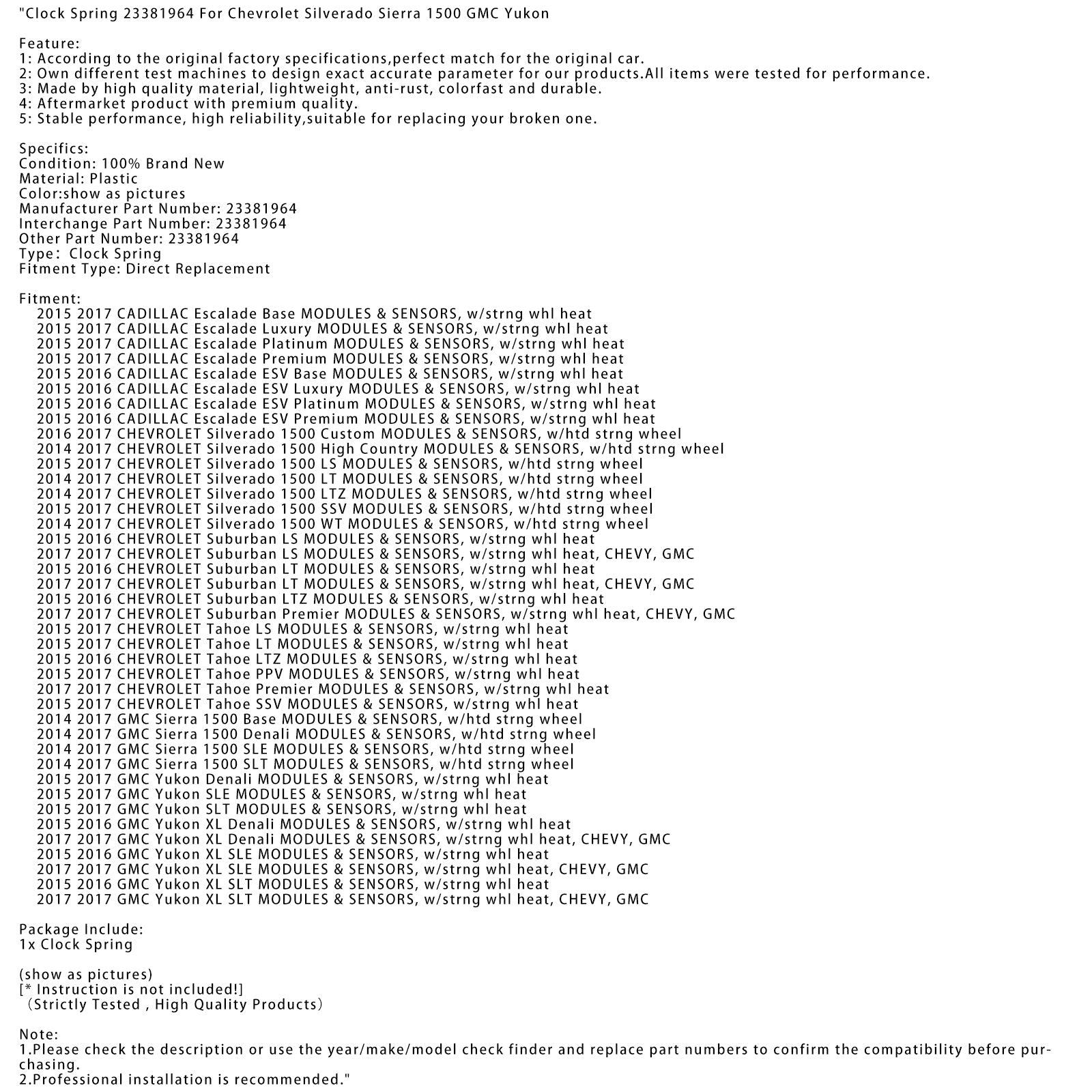 Reloj Spring 23381964 para Chevrolet Silverado Sierra 1500 GMC Yukon