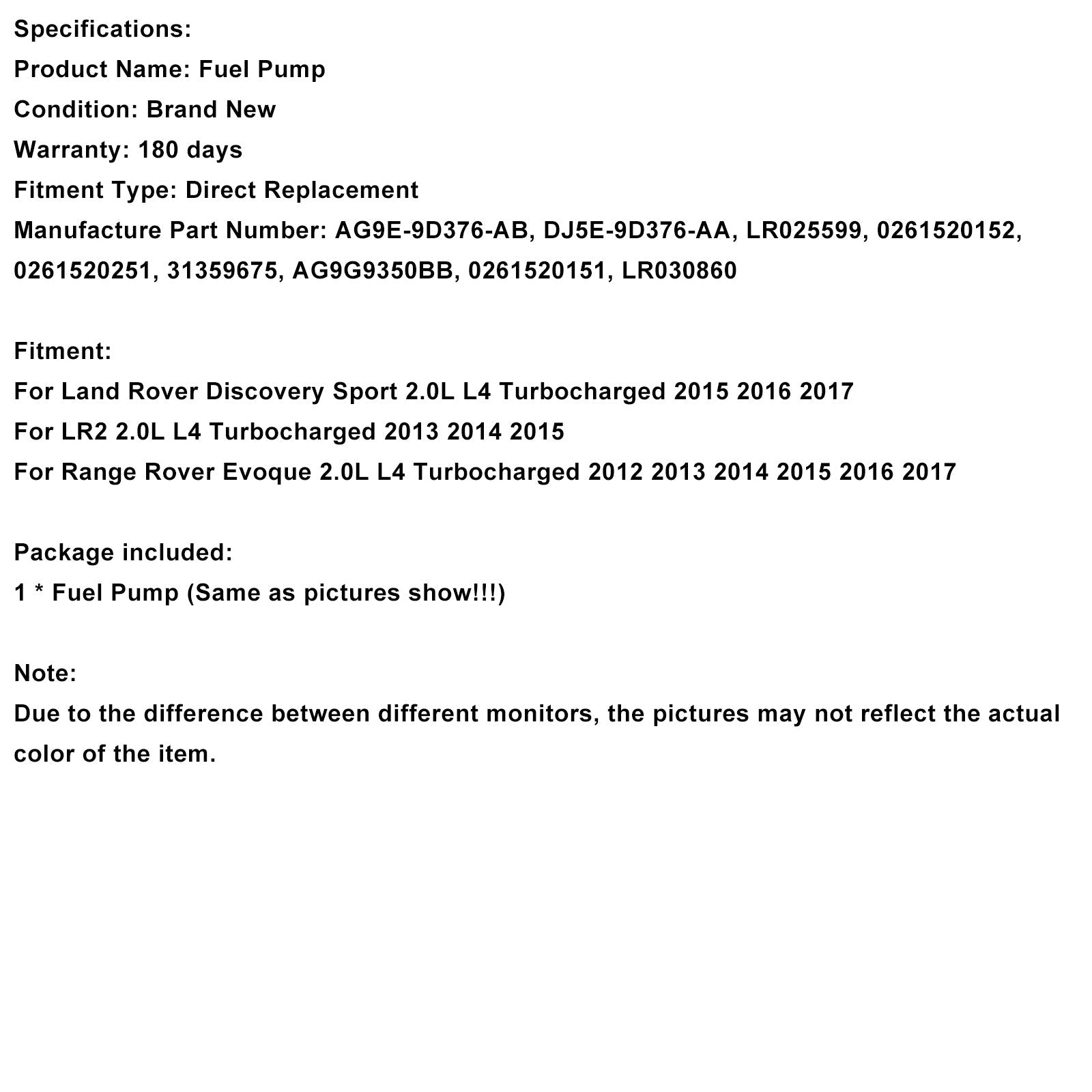 Bomba de combustible de alta presión LR025599 para Range Rover Evoque 2.0L L4 Turbo (2012-2017)