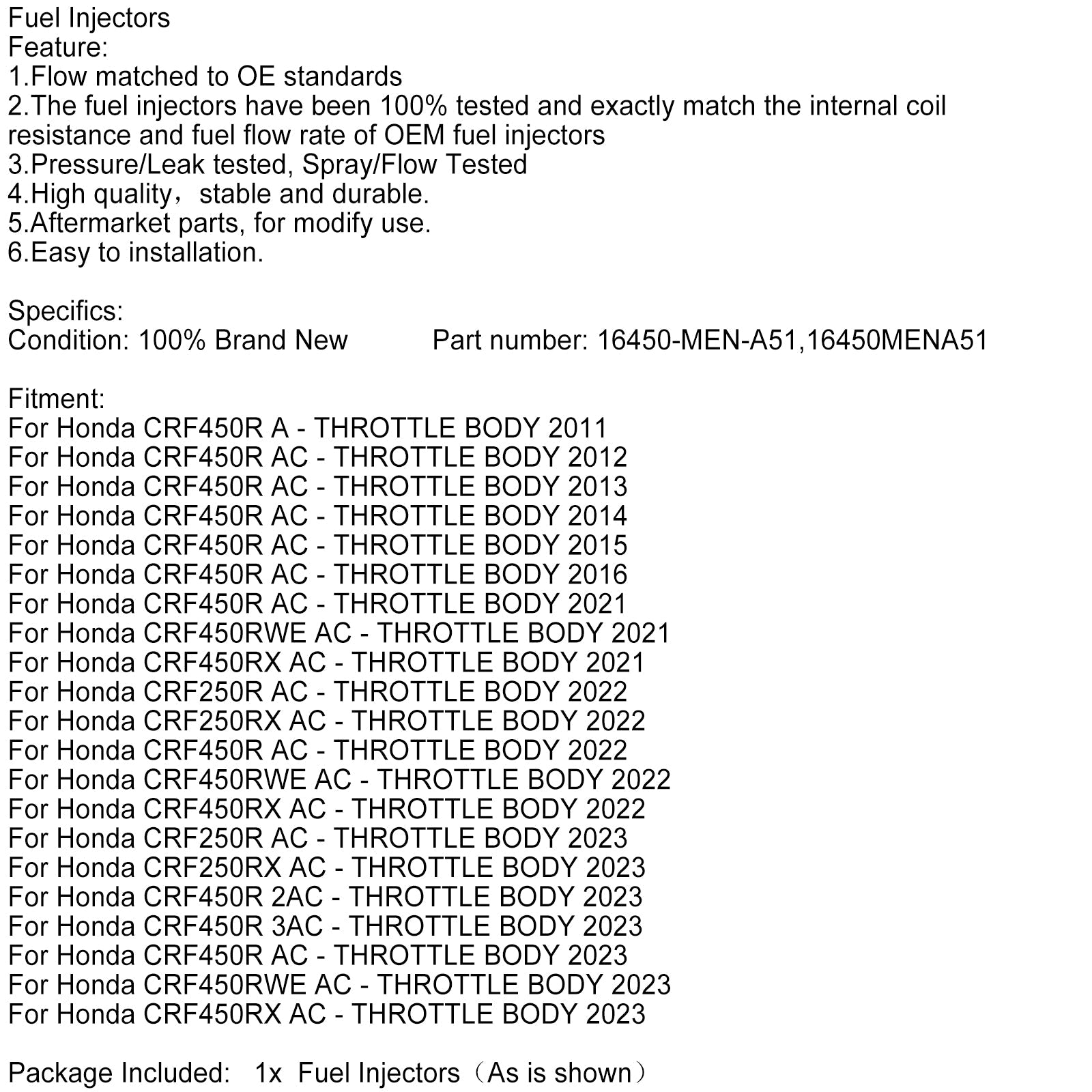 Injecteur de carburant 16450-MEN-A51 pour Honda CRF450R 2011-2023 et CRF450RWE 2021-23