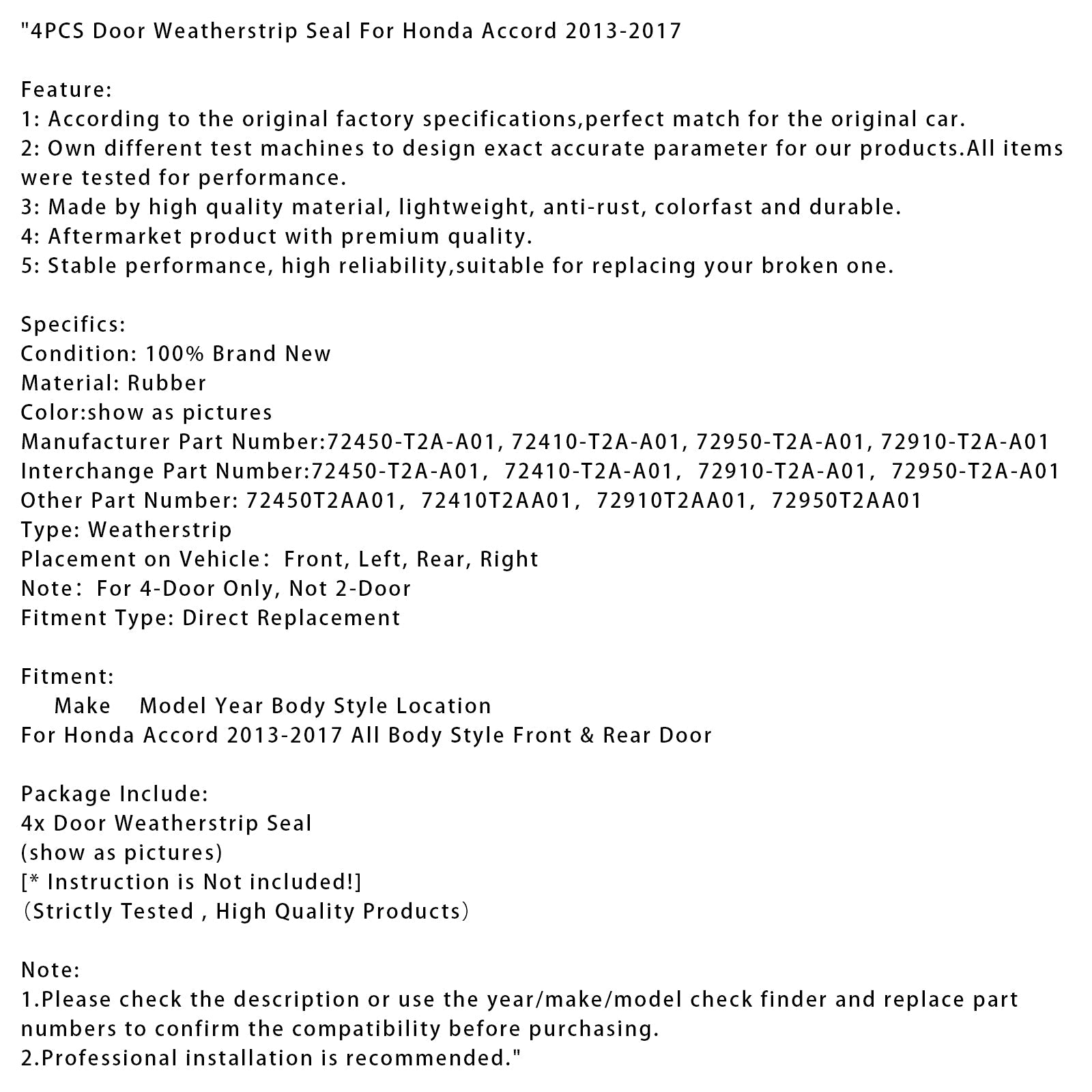 Joint d'étanchéité de porte (4 pièces) pour Honda Accord 2013-2017