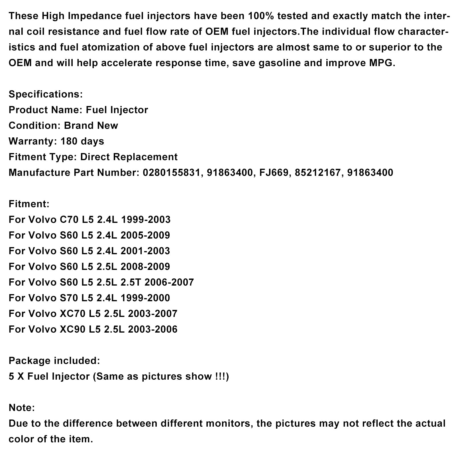 Wtryskiwacz paliwa 5 sztuk 0280155831 dla Volvo S60 S80 C70 XC90 2,4L 2,5L 1998-2009
