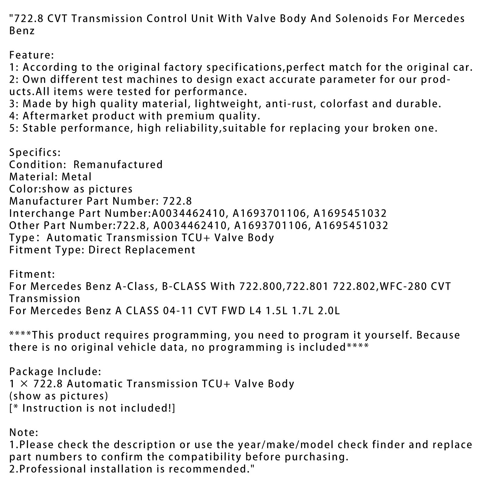 Unité de commande de transmission CVT 722.8 avec solénoïdes de corps de soupape pour Mercedes Benz