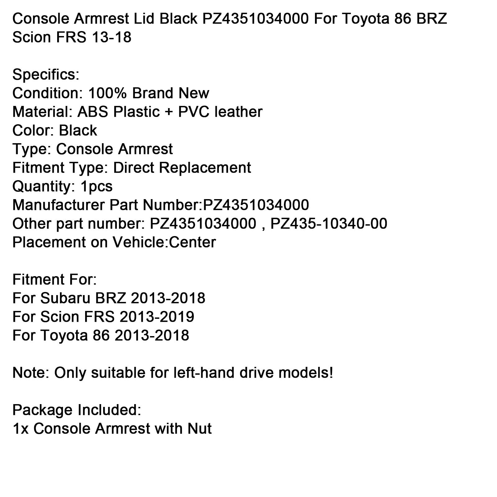 Omslag van&Zwarte console-armsteun PZ4351034000 voor Toyota 86 BRZ Scion FRS 13-18