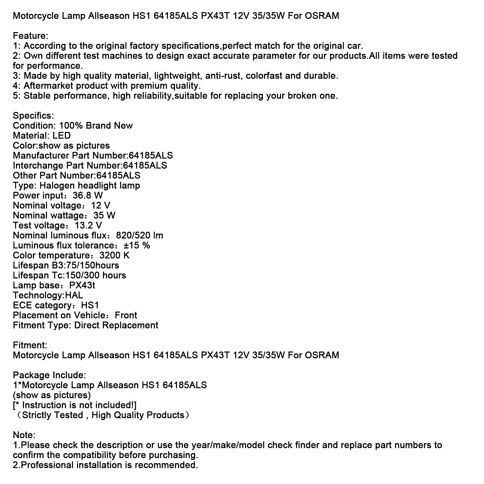 Motorfietsen alle seizoenen HS1 64185ALS PX43T 12 V 35/35 W voor Osram