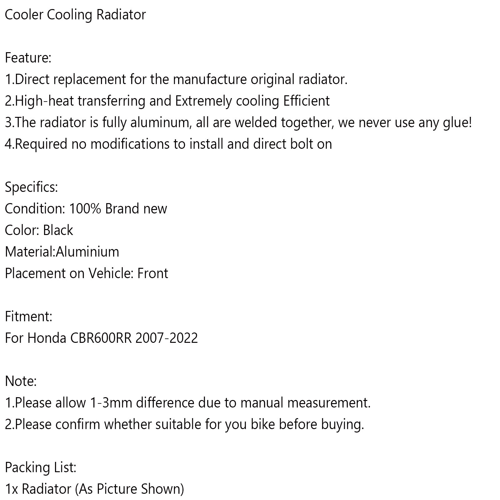 Honda CBR600R 2007-2022: n mustan alumiinisäähdytin