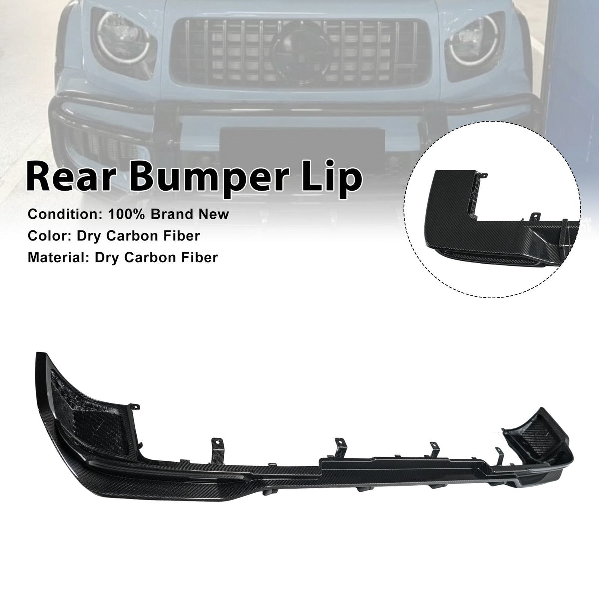 Een diffuserlip van droog koolstofvezel voor de achterbumper, compatibel met de Mercedes-Benz G-Klasse. W465 (vanaf 2025)