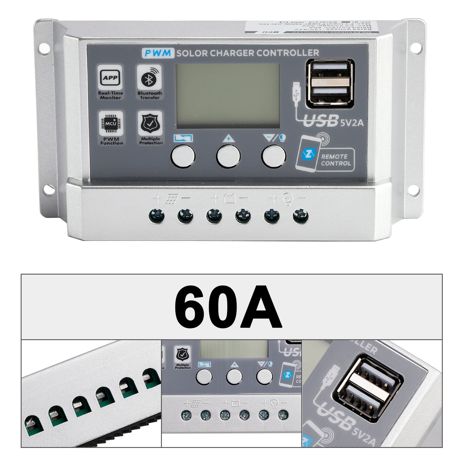 Contrôleur solaire PWM 10A-60A, application mobile, contrôle intelligent