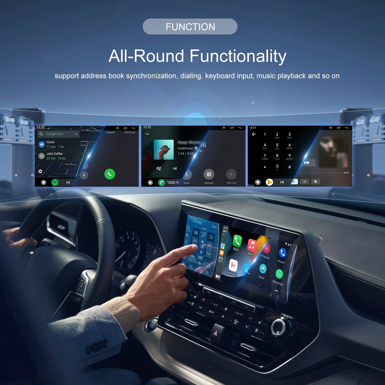 Adaptateur 2 en 1 sans fil Apple CarPlay et Android Auto : passage d'une fonction filaire à une fonction sans fil CarPlay.