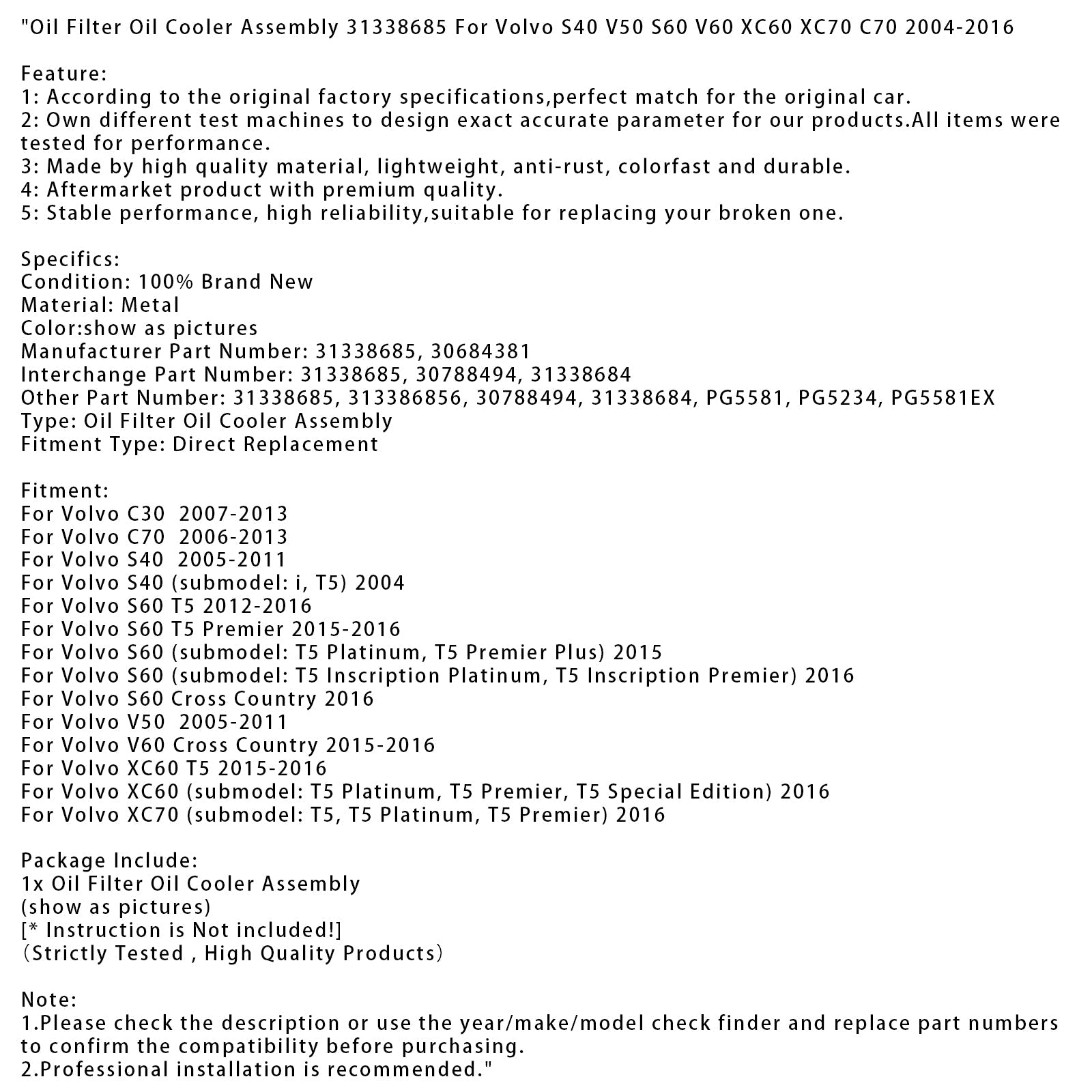Filtro dell'olio e radiatore dell'olio per Volvo C70 (2006-2013)