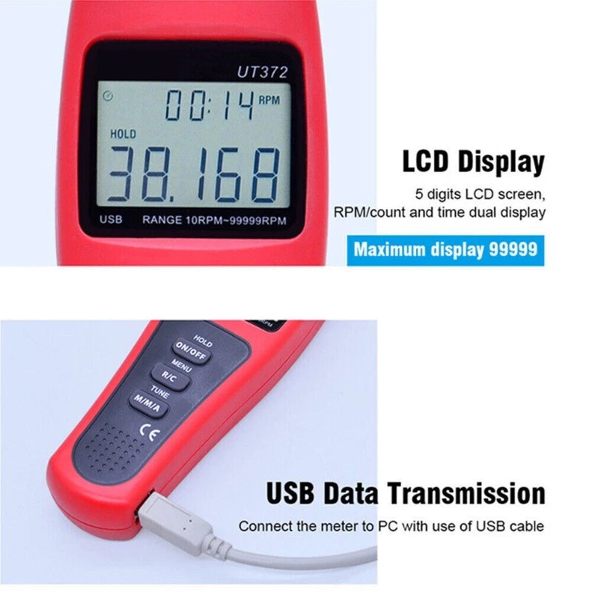Tachymètre numérique laser sans contact UT372, mesure de vitesse de rotation jusqu'à 99 999 tr/min