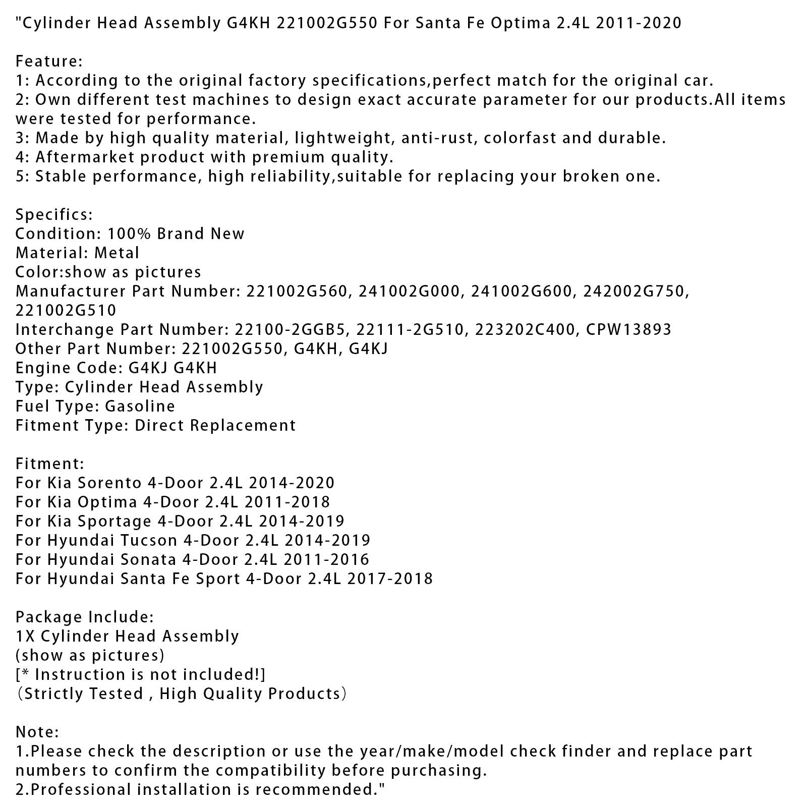 Culata G4KH 221002G550 CPW13893 Para Hyundai Tucson 4 puertas 2.4L (2014-2019)
