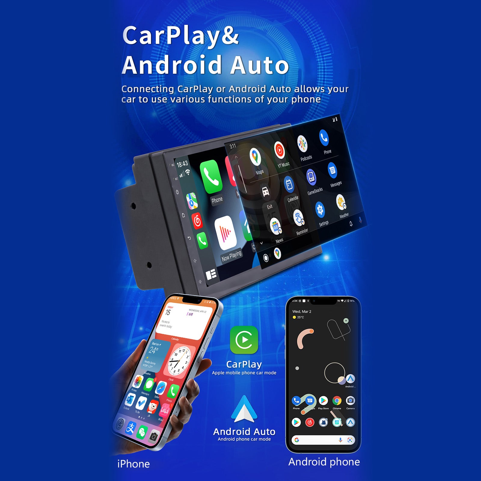 7 Android 10 GPS WiFi Bluetooth Car Stéréo MP5 Lecteur Carplay + 4 Caméra LED