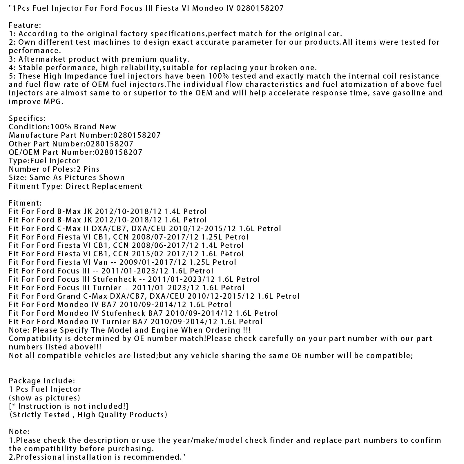 1 injecteur de carburant pour Ford Focus III, Fiesta VI, Mondeo IV 0280158207