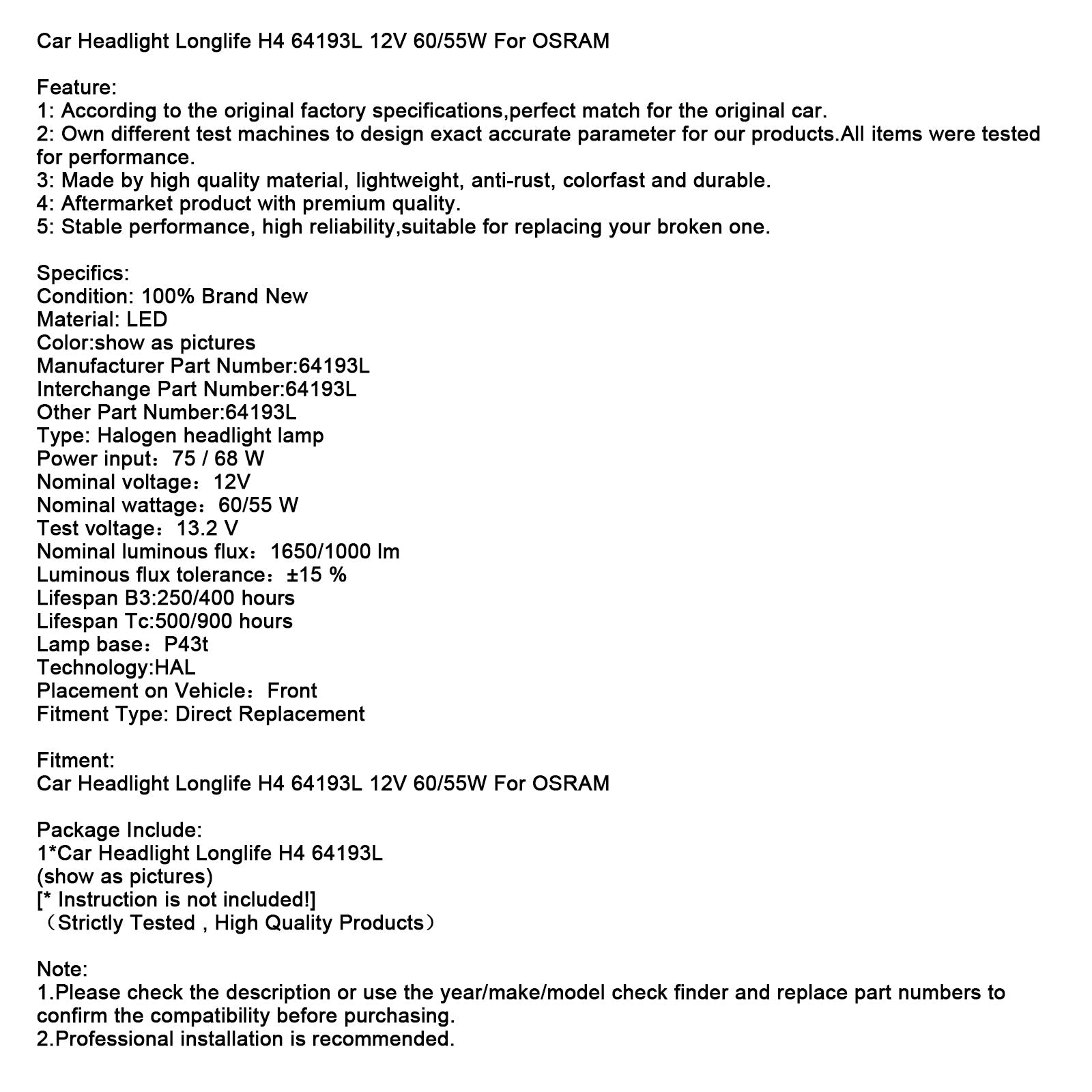 Dolgoročni žaromet avtomobila H4 64193L 12 V 60/55 W za OSRAM