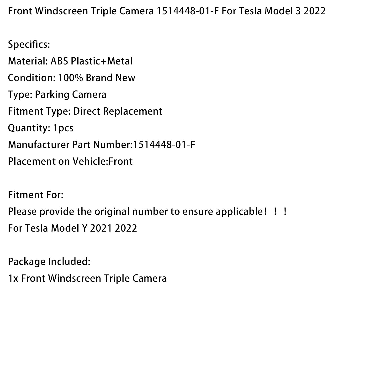 Caméra triple pour pare-brise avant Tesla Model 3 2022, référence 1514448-01-F