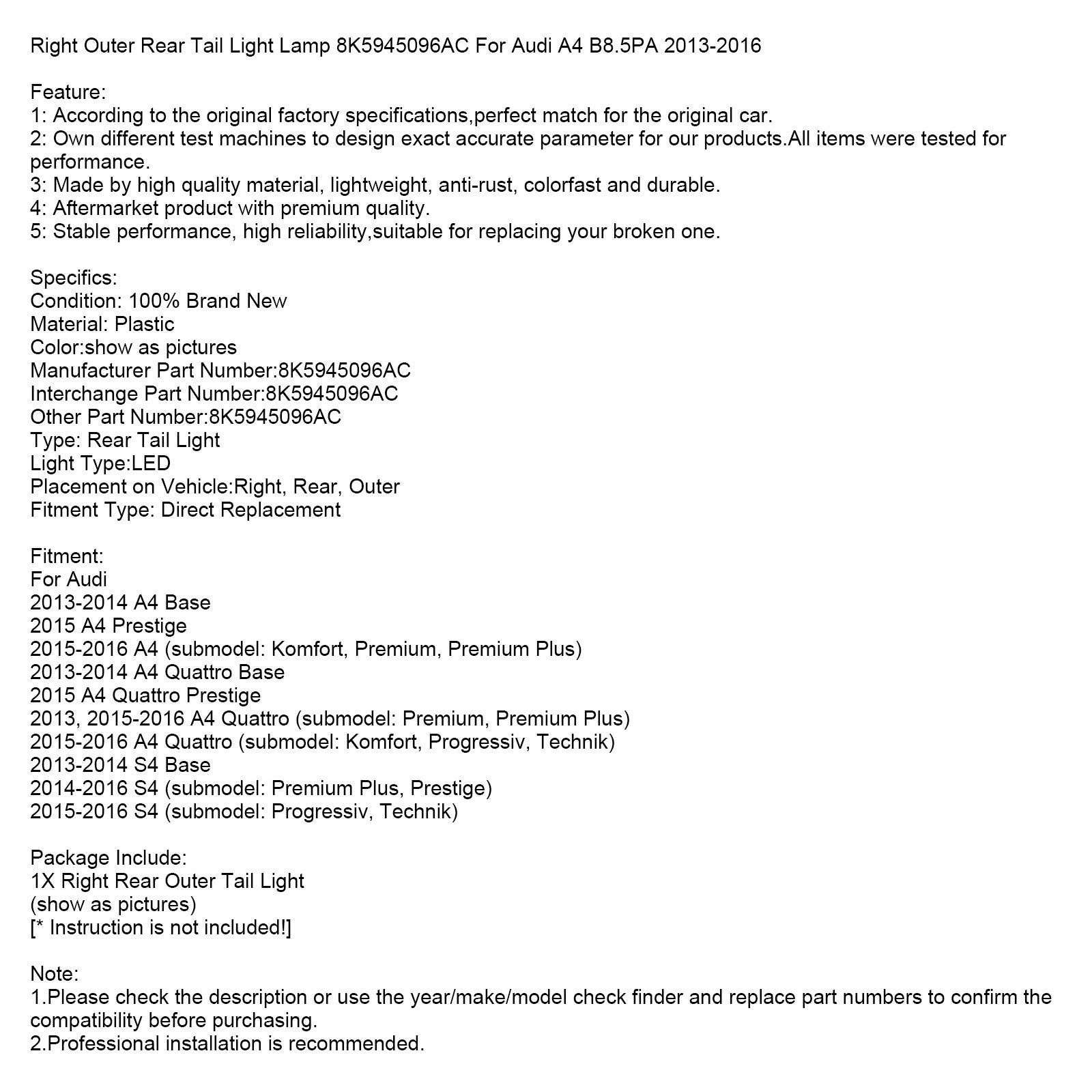 Luz trasera al aire libre derecha para Audi A4 B8.5PA 2013-2016 8K5945096AC