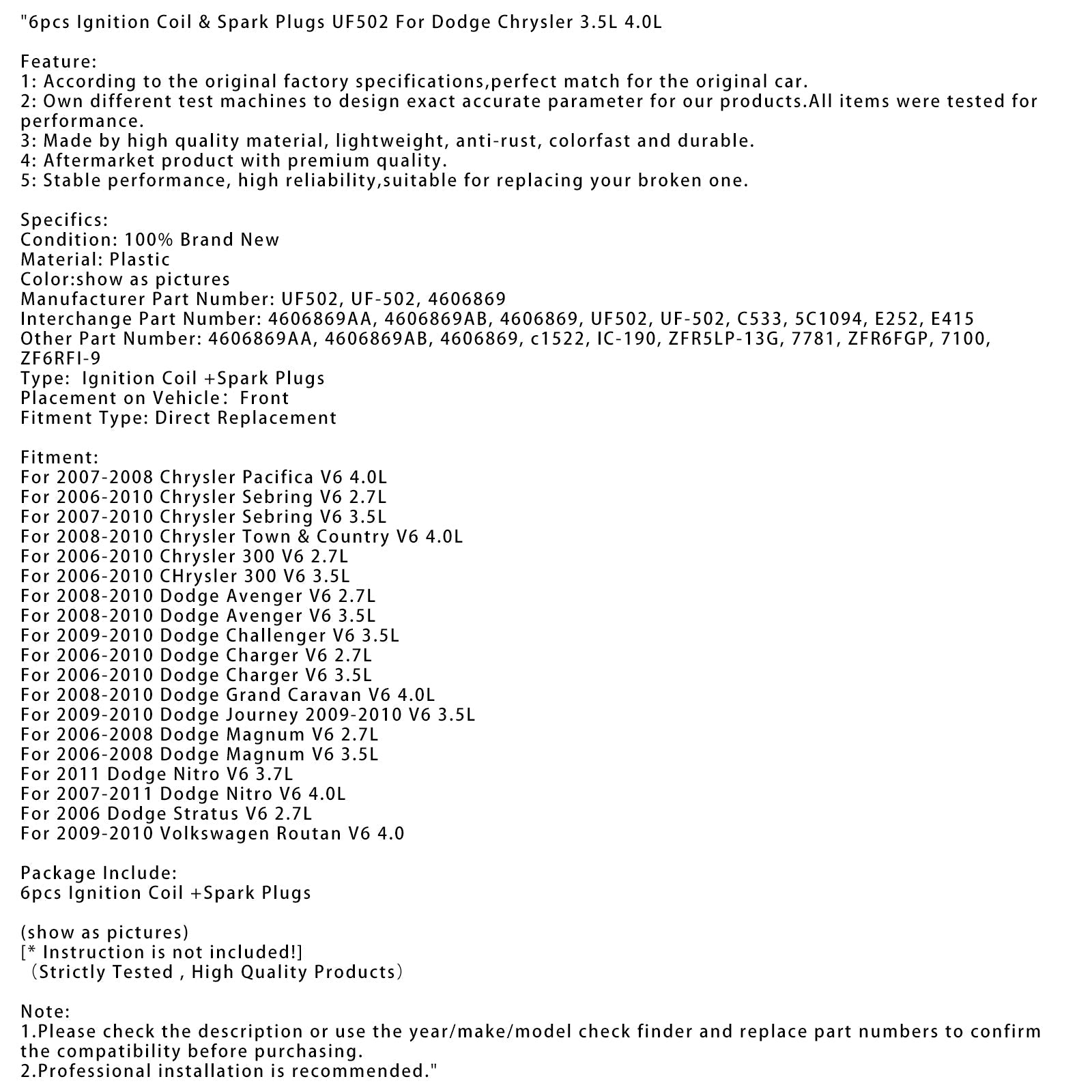 Sytytyskela ja sytytyskynttilät UF502 4606869 4606869AA Dodge Grand Caravan V6 4.0L 2008-2010