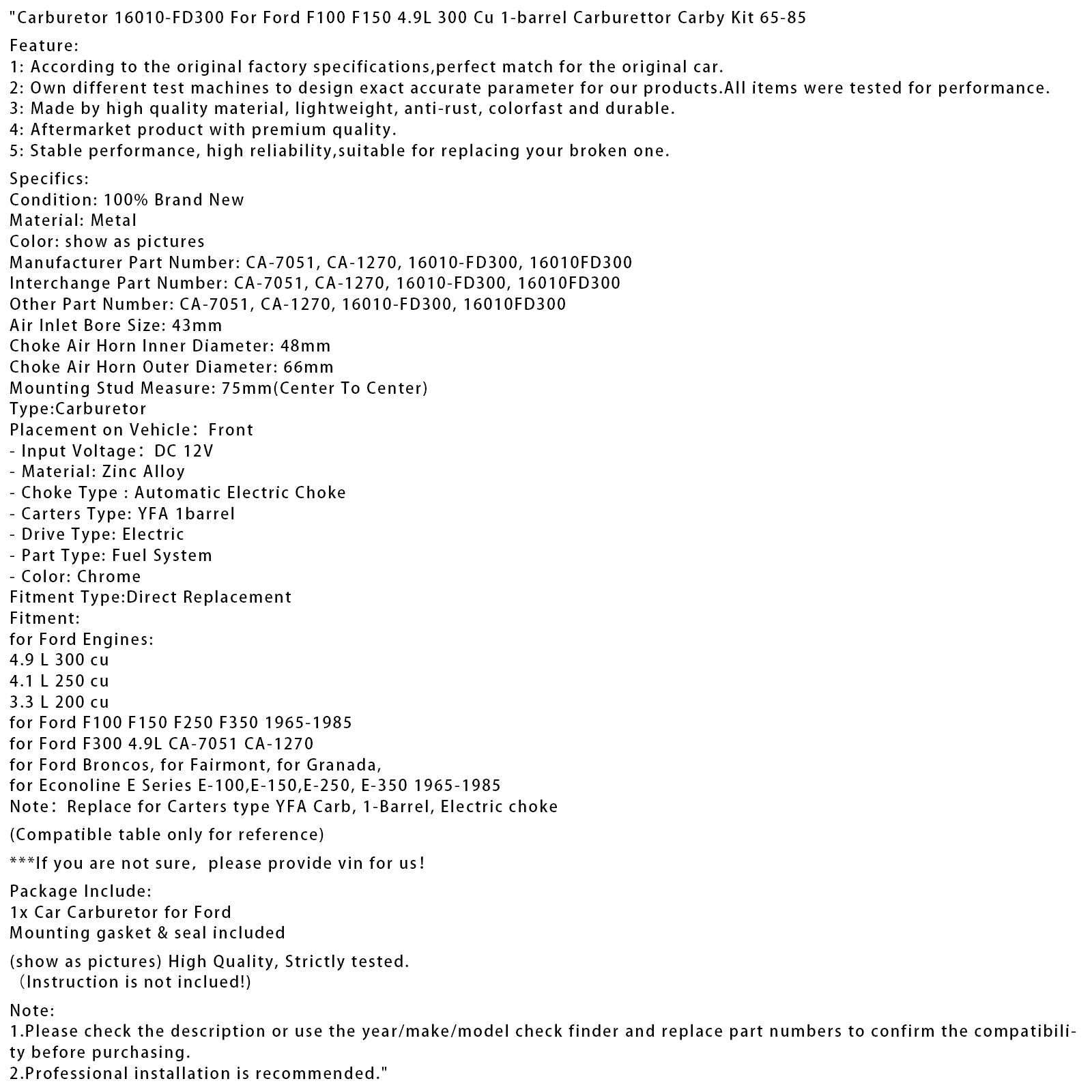 Ford F300 4.9L CA-7051 CA-1270 Carburateur 16010-FD300