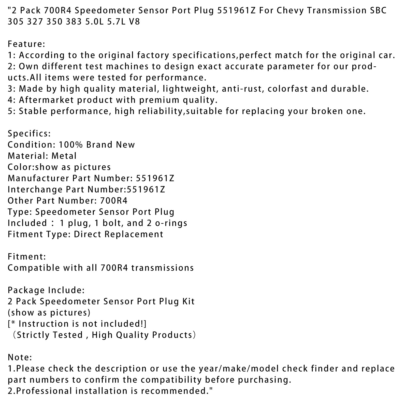 2 stuks snelheidssensor poortstekker 700R4 551961Z voor Chevy SBC 305 transmissie