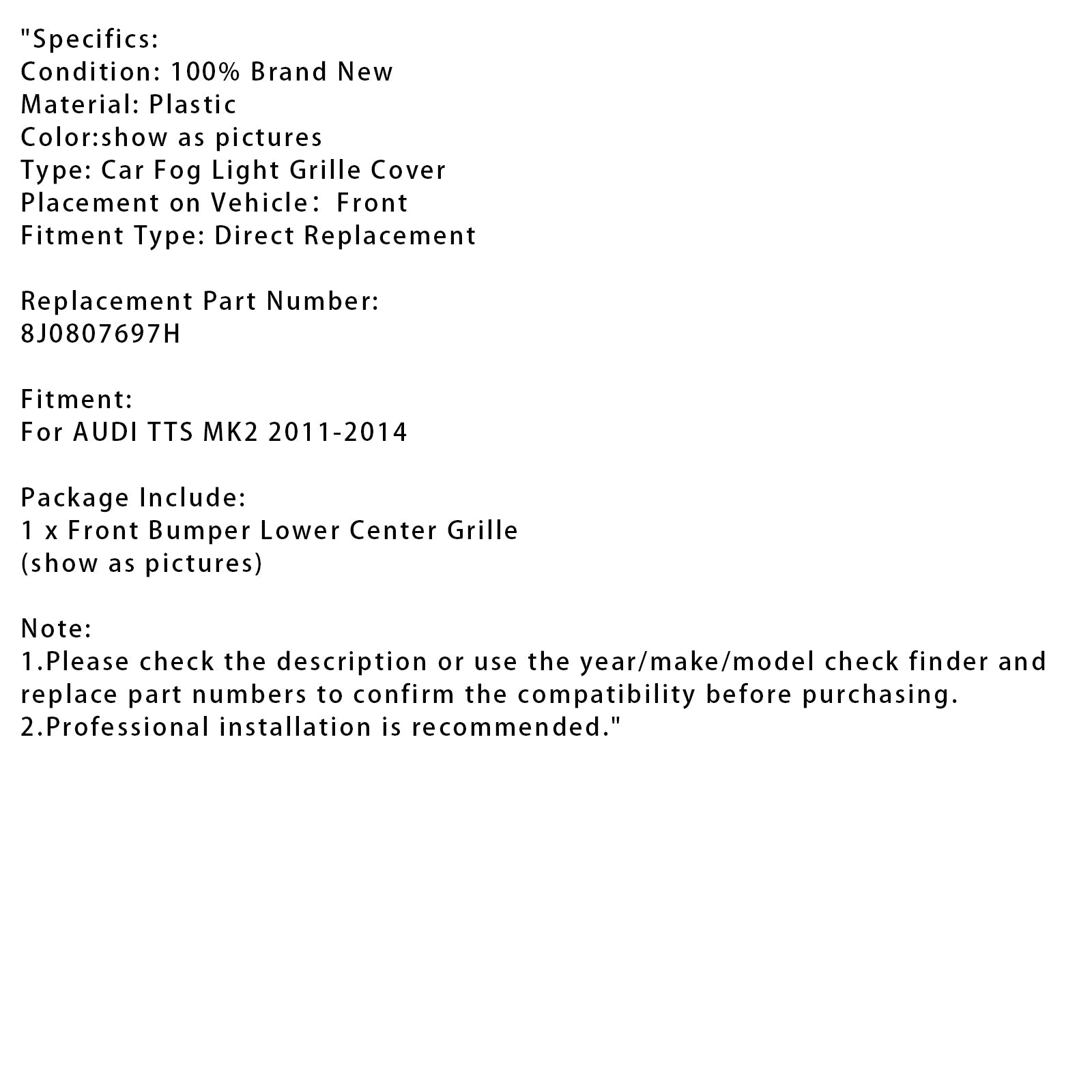 Lower Central Grid of Front Bumper Audi TTS MK2 2011-2014 8J0807697H