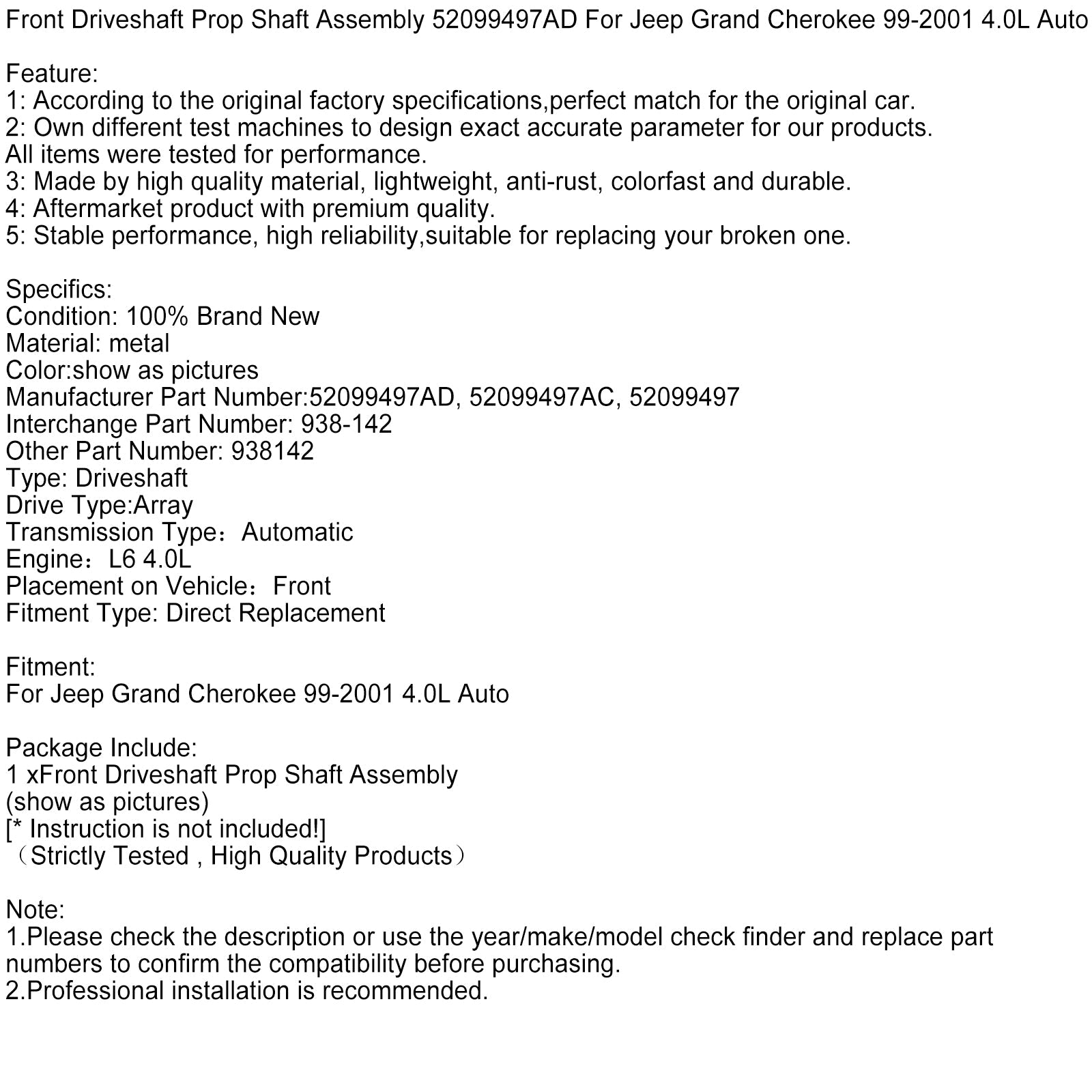 Árbol de transmisión frontal para Jeep Grand Cherokee 4.0L 1999-2001, Asamblea 52099497ad