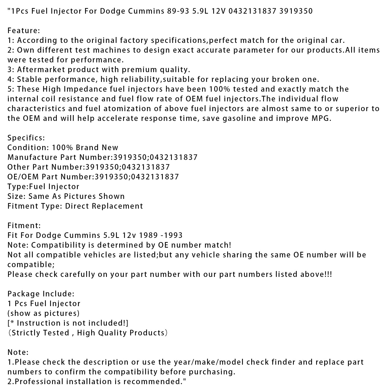 1 injecteur de carburant pour Dodge D250 D350 Cummins 89-93 5.9L 12V 0432131837 3919350