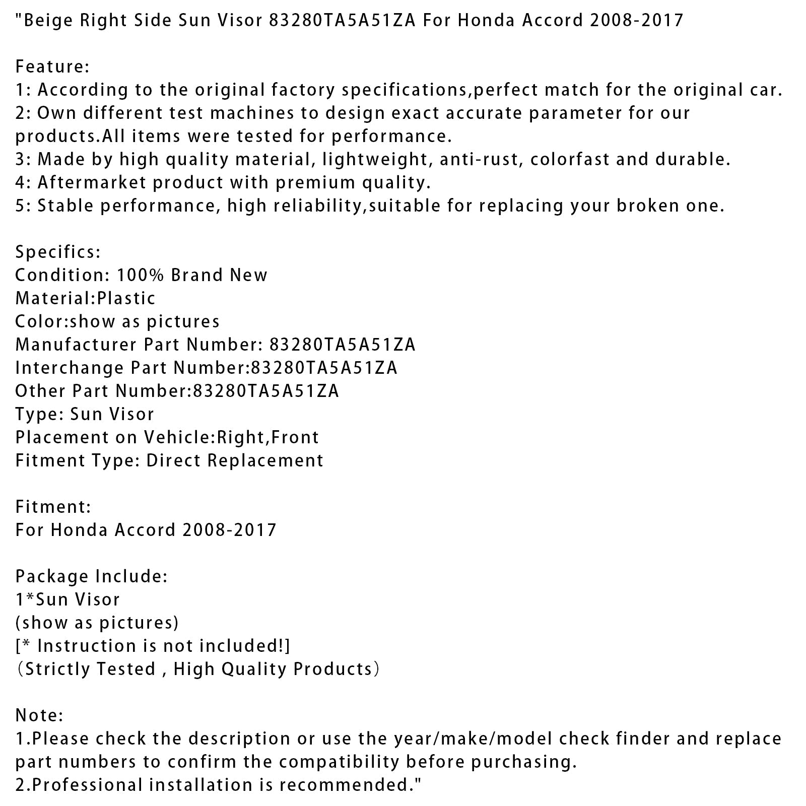 Pare-soleil droit beige pour Honda Accord 2008-2017, référence 83280TA5A51ZA