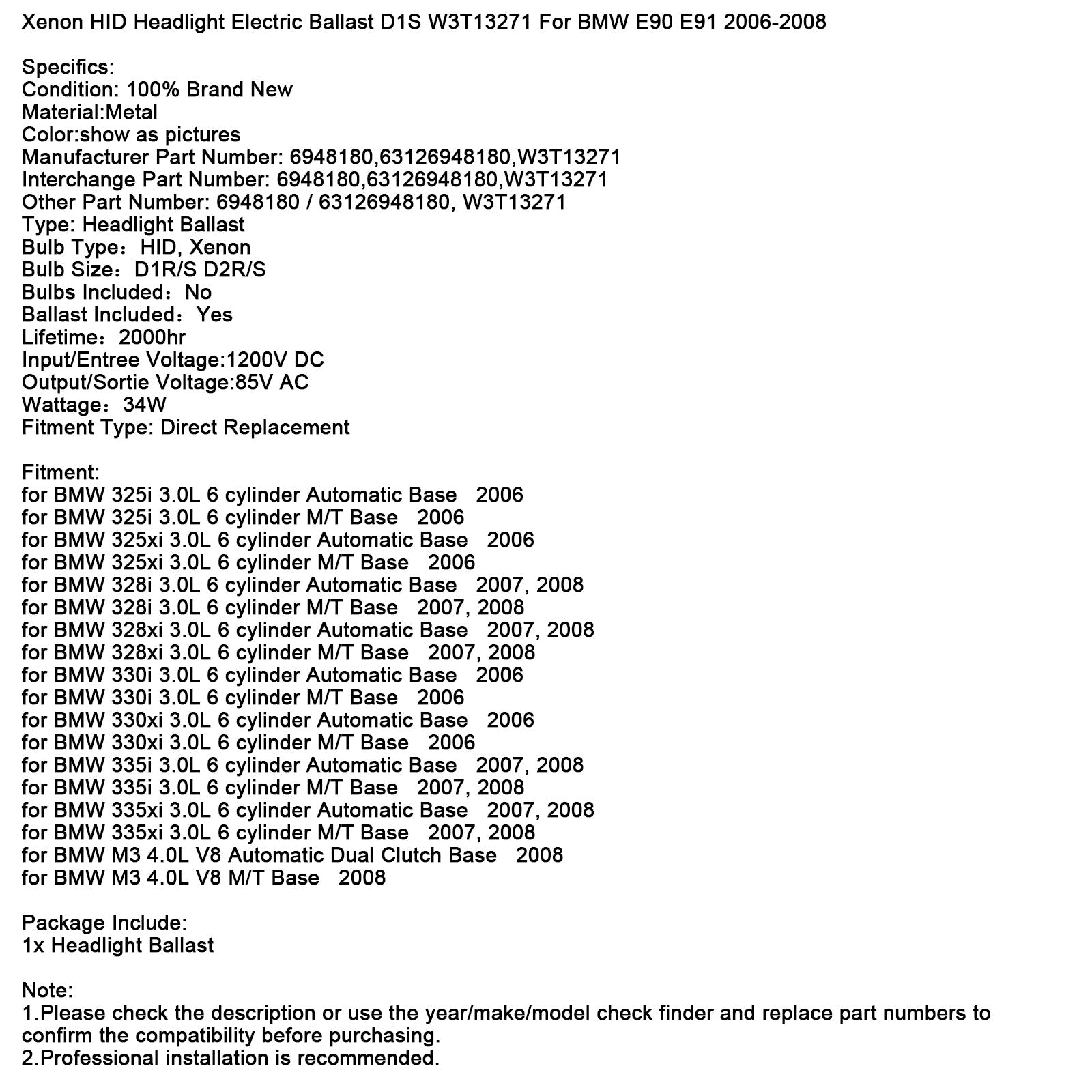 D1S HID Xenon -ajovalojen sähköinen liitäntälaite W3T13271 BMW E90 E91 2006-2008 mallille