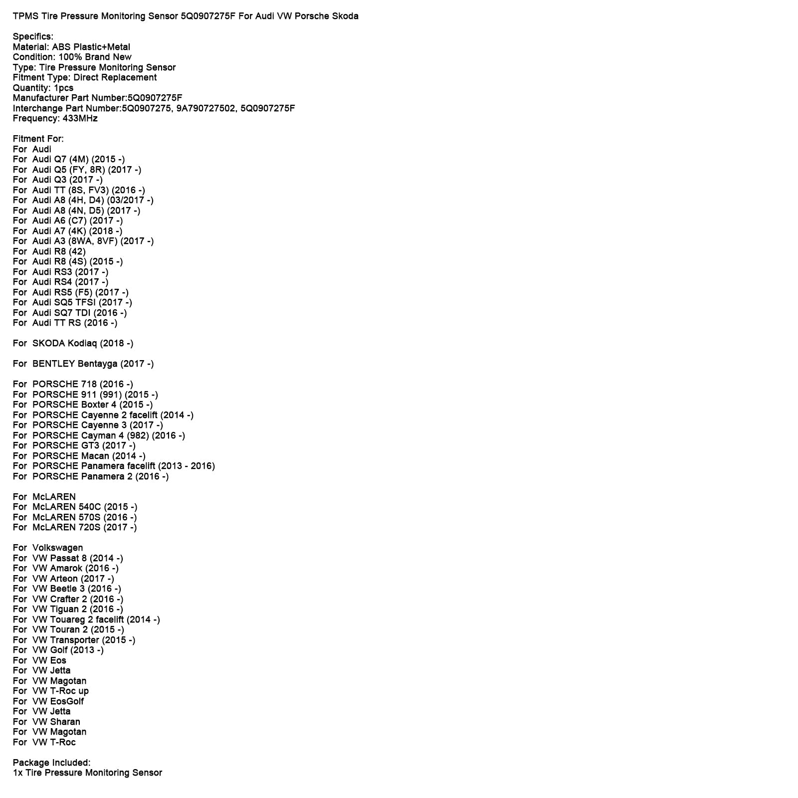 Capteur de pression des pneus TPMS 5Q0907275F pour Audi, VW, Porsche, Skoda