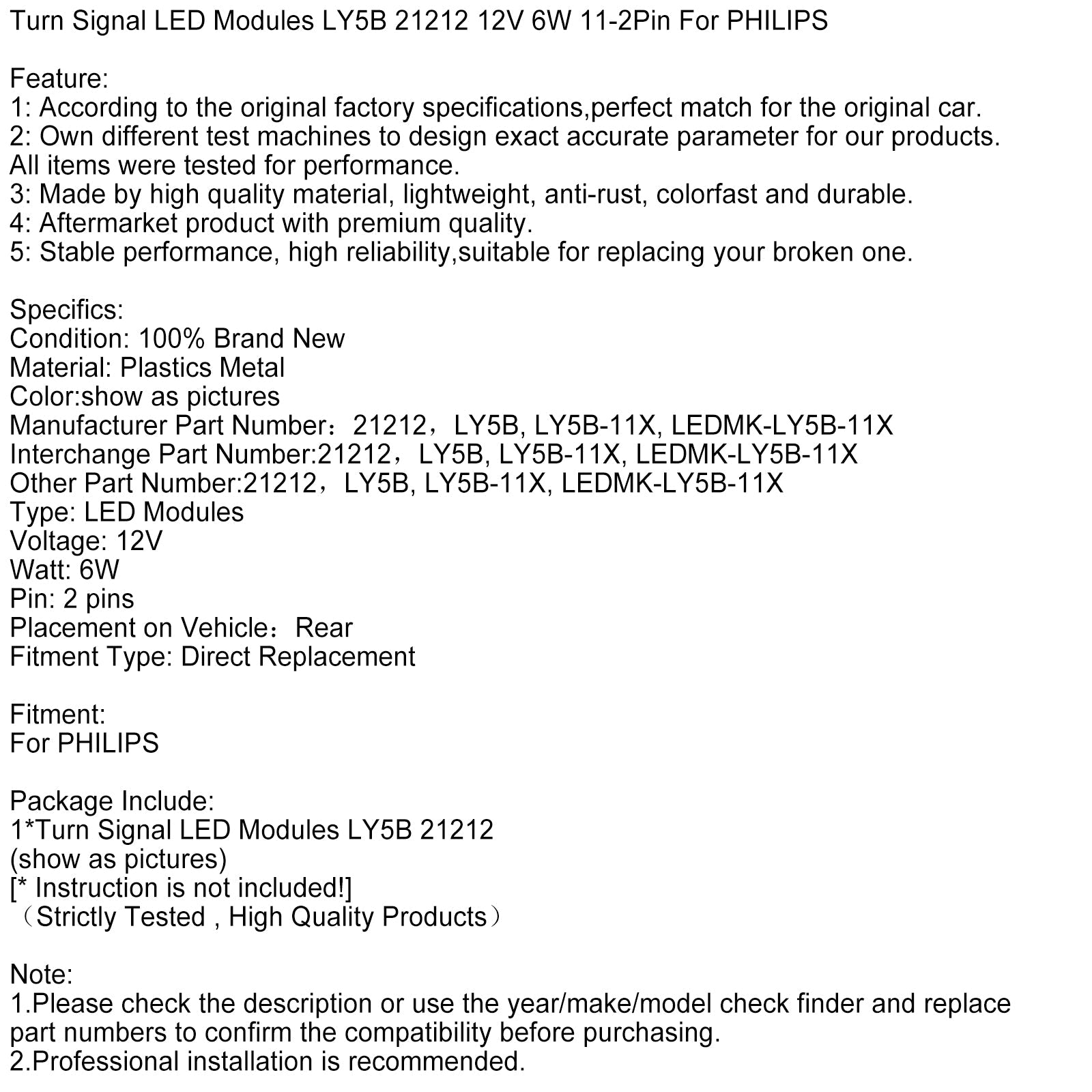 Modules de clignotants LED LY5B 21212 12 V 6 W 11-2 broches pour PHILIPS