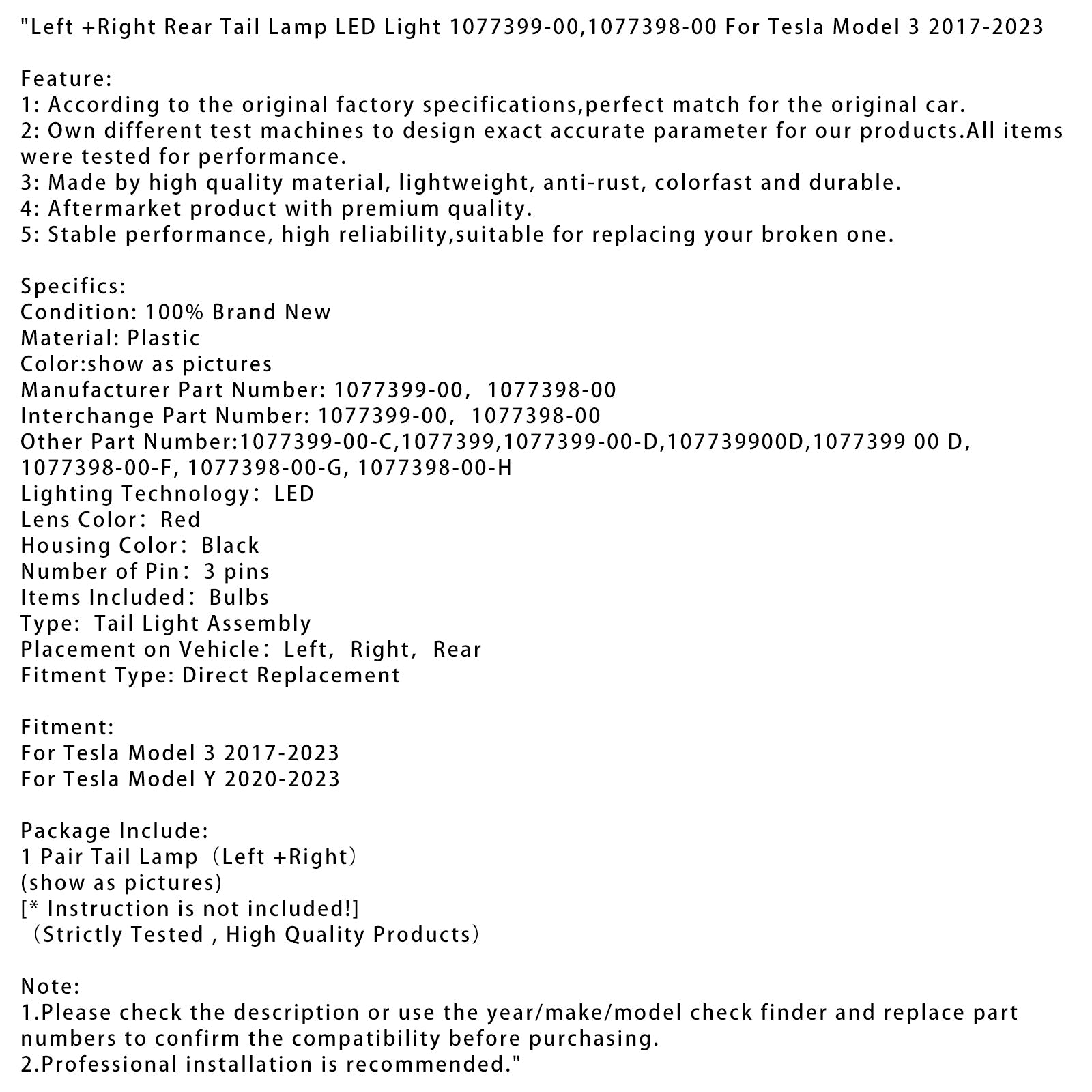 LED posteriore sinistro e destro per Tesla Modello Y 2020-2023 (1077399-00, 1077398-00)