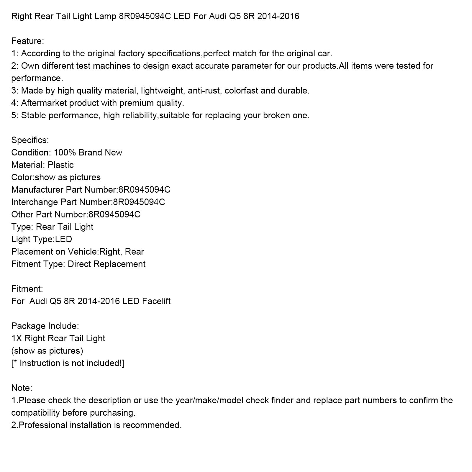 Lámpara de luz trasera Droitt 8R0945094C LED para Audi Q5 8R 2014-2016