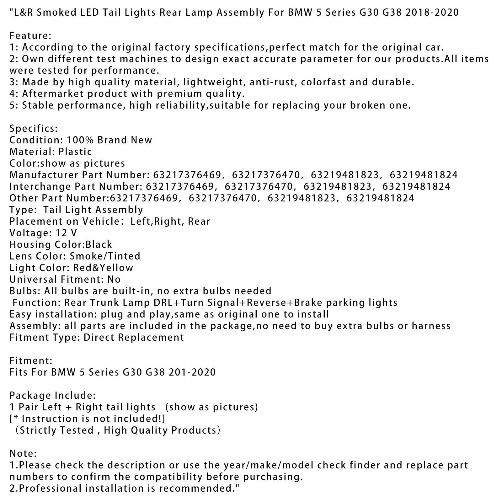 Luci posteriori a LED fumo per BMW 5 G30 G38 L&R 2018-2020, assemblaggio di luci posteriori 63217376469 63217376470