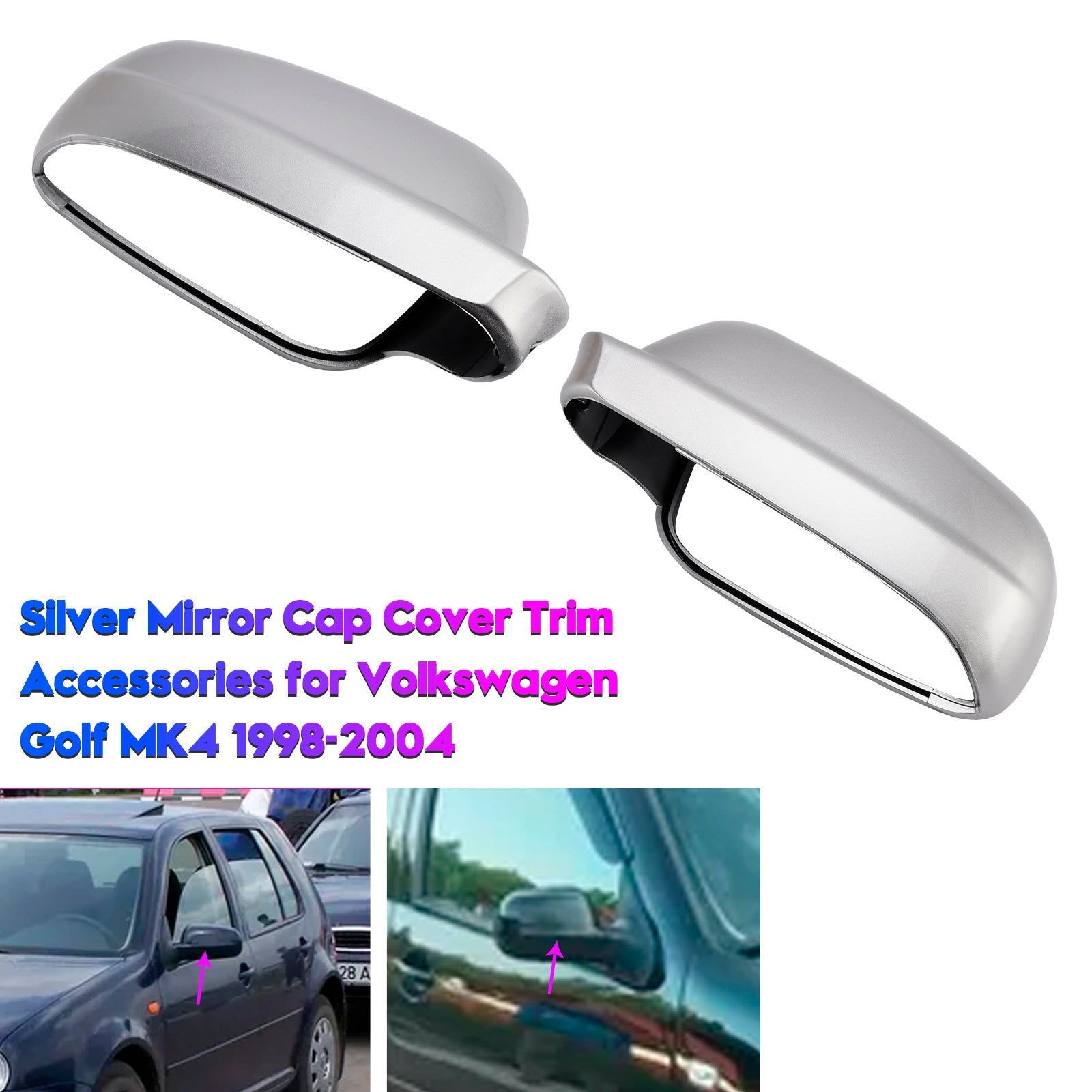 Zilverkleurige sierlijsten voor de spiegelkappen van de Volkswagen Golf MK4 (1998-2004).