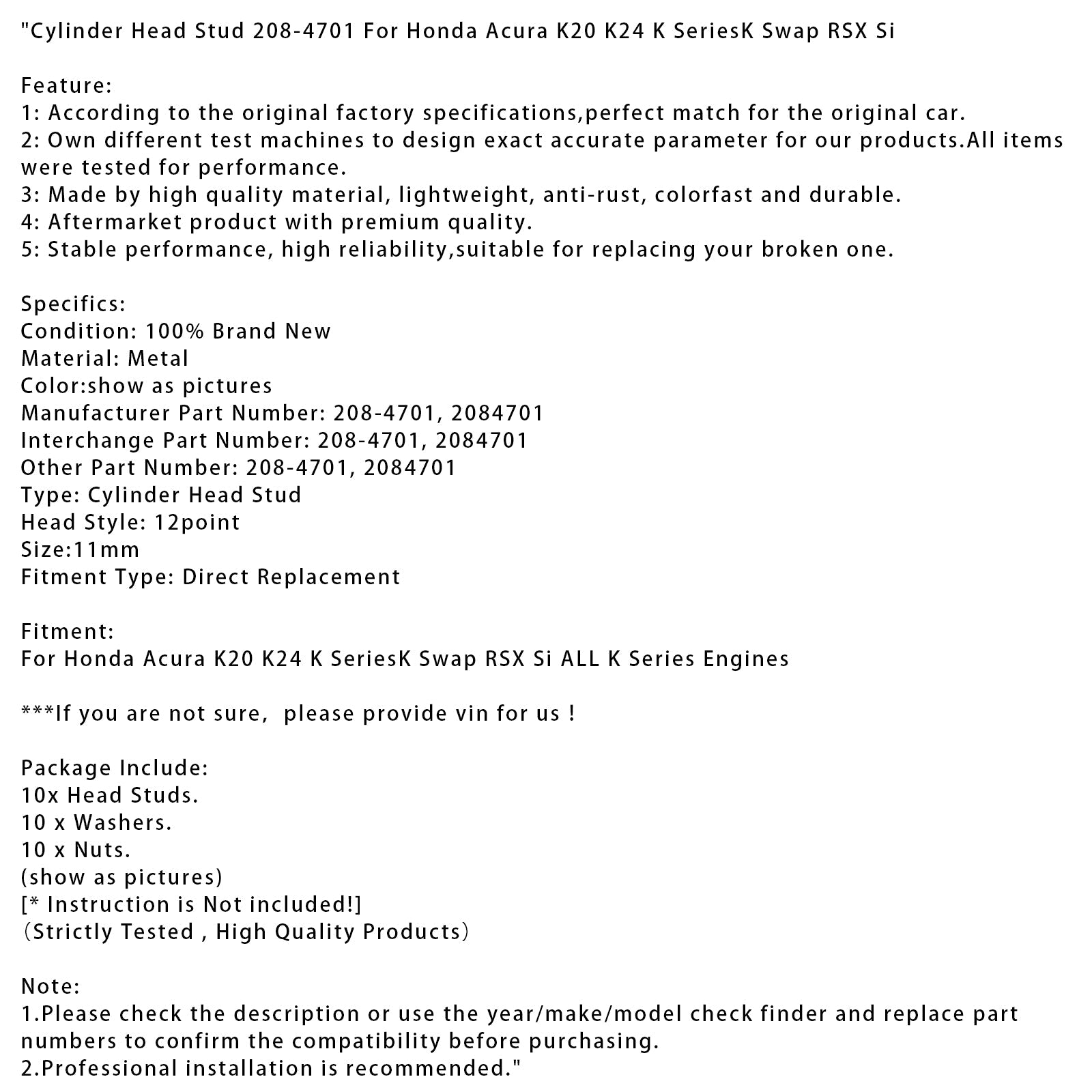 Goujon de culasse 208-4701 2084701 pour Honda Acura K20 K24 série K (conversion K) et RSX Si