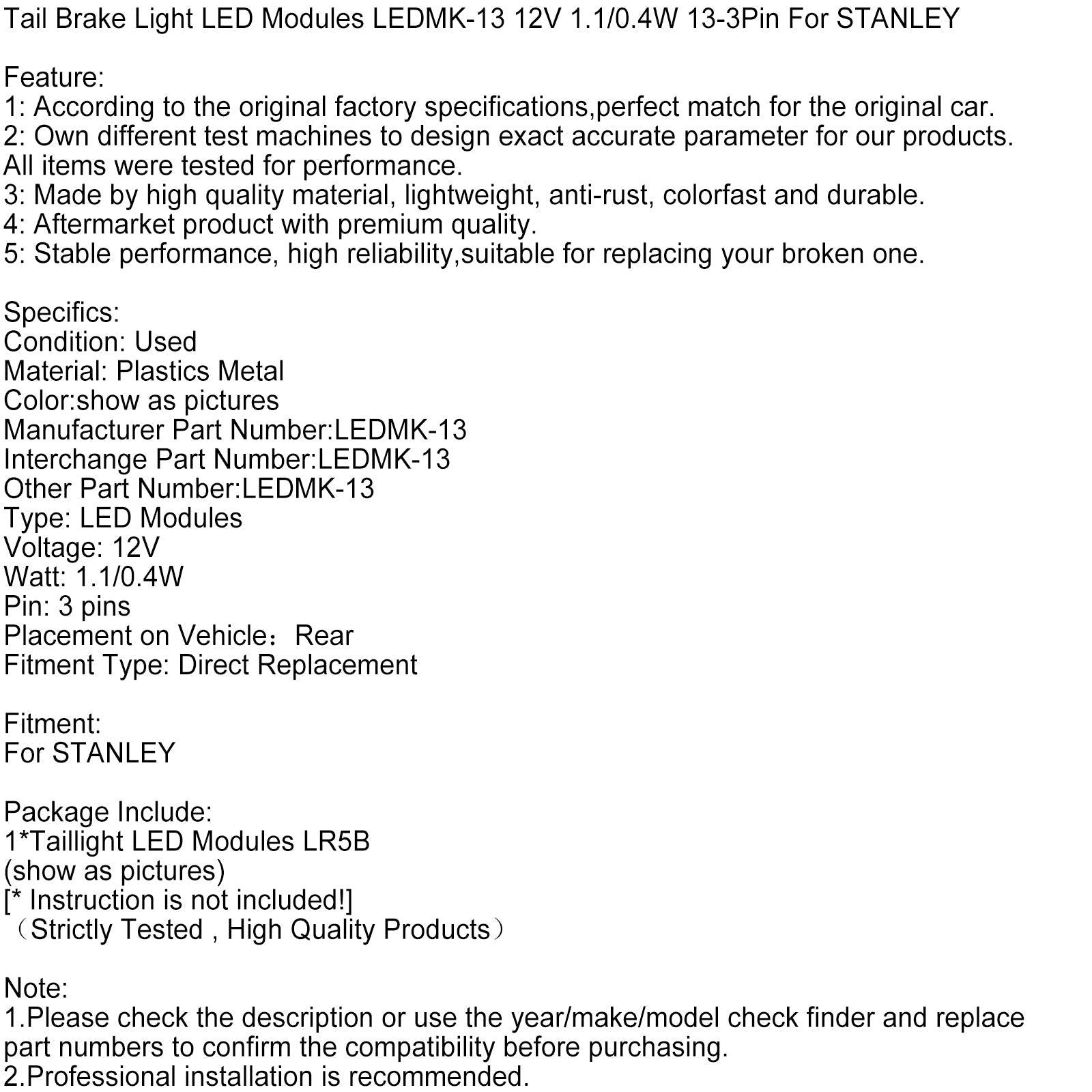 Modules LED de feux stop arrière LEDMK-13 12 V 1,1/0,4 W 13-3 broches pour Stanley