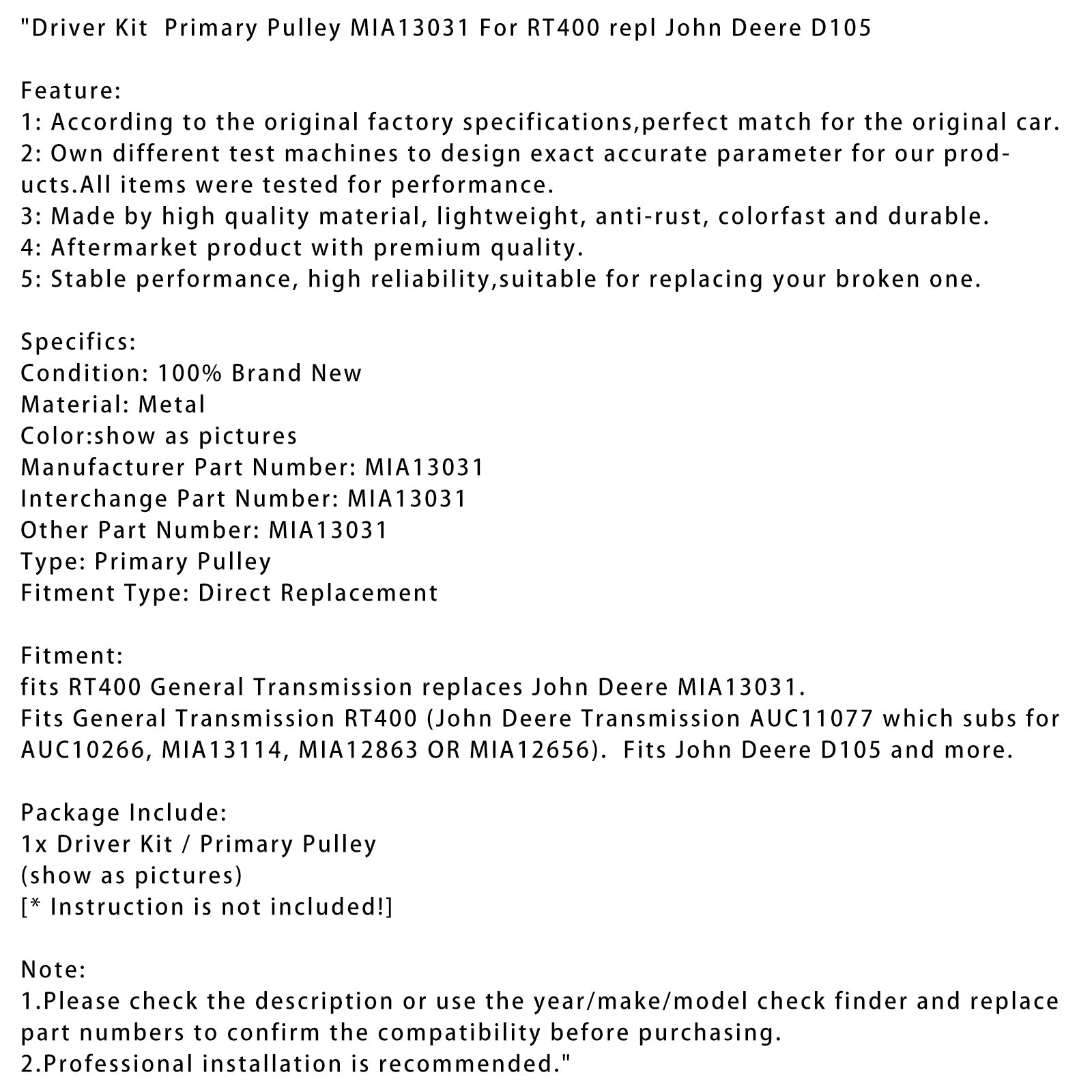 MIA13031 ZESTAW PROLOTU KOLUNDUJĄCEGO DLA RT400 Zastępuje John Deere D105