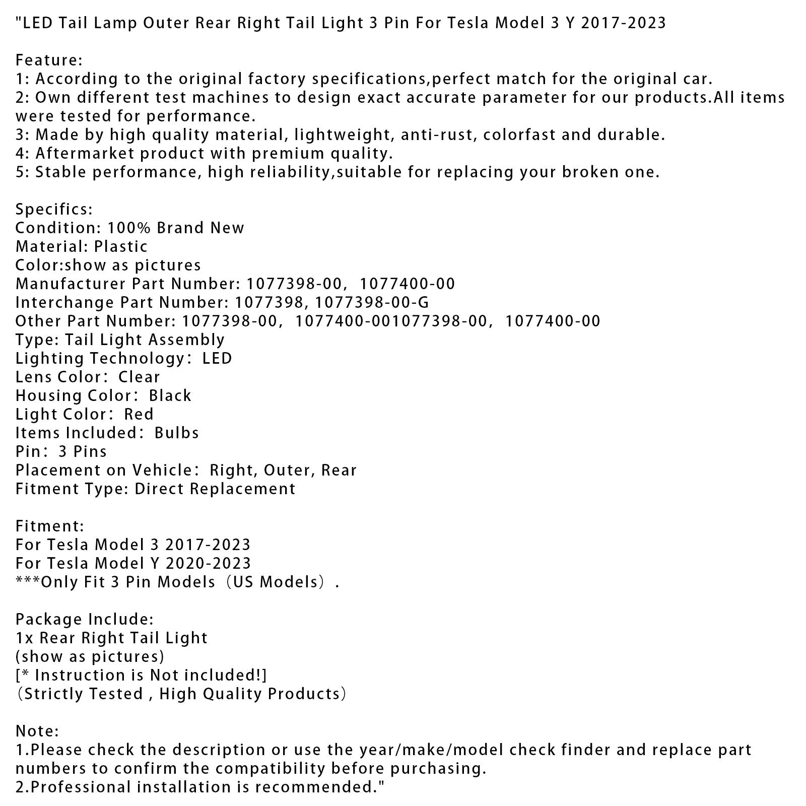 3-pinska desna zunanja LED zadnja luč za Tesla Model 3 Y 2017-2023