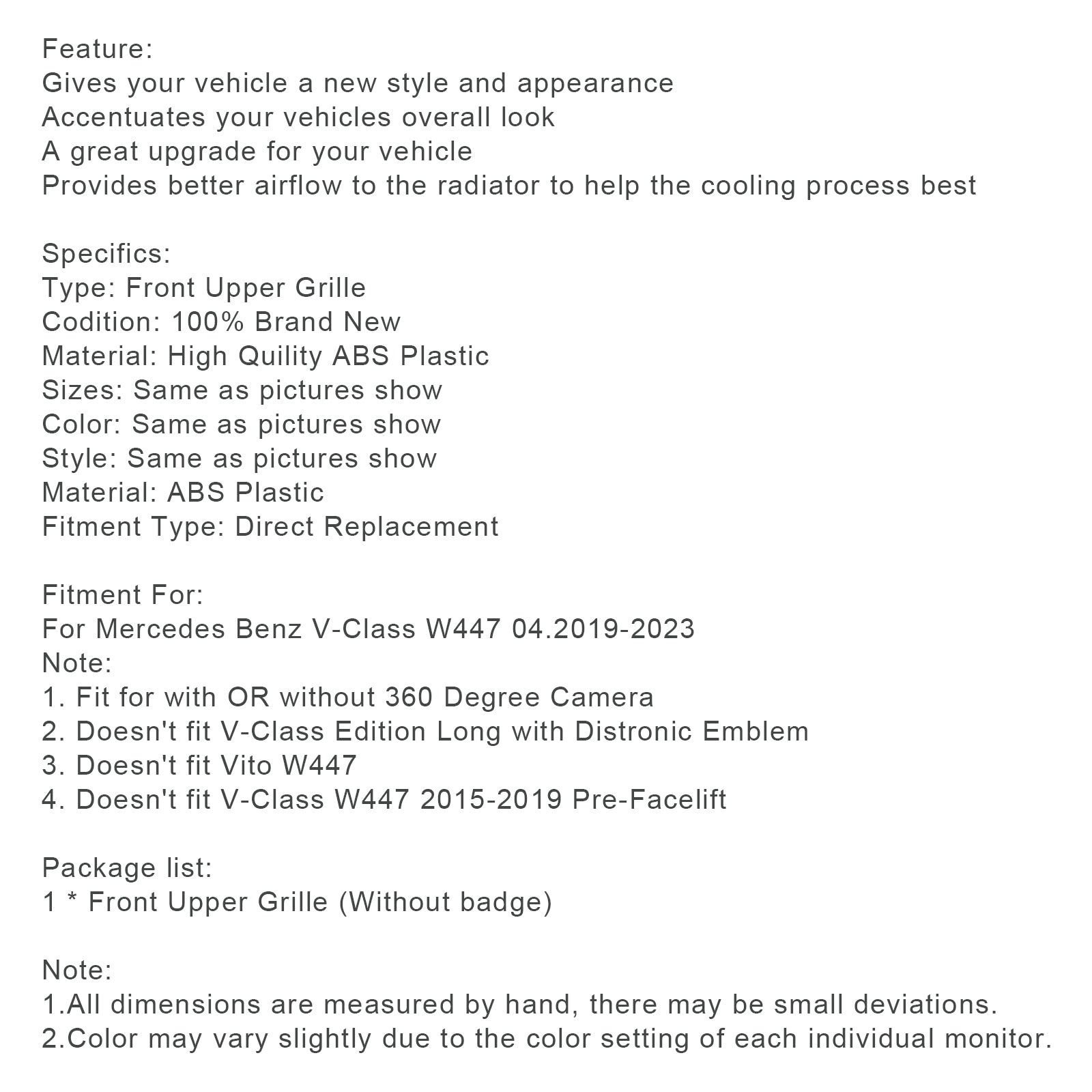 04.2019-2023 Griglia anteriore superiore Mercedes Benz Classe V W447