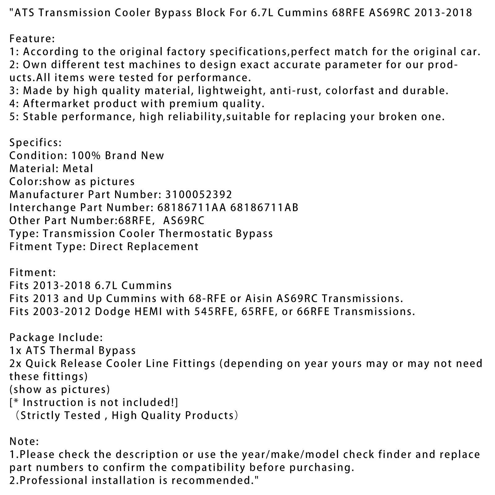 Bloc de dérivation du refroidisseur de transmission ATS pour moteur Cummins 6,7 L 68RFE AS69RC 2013-2018