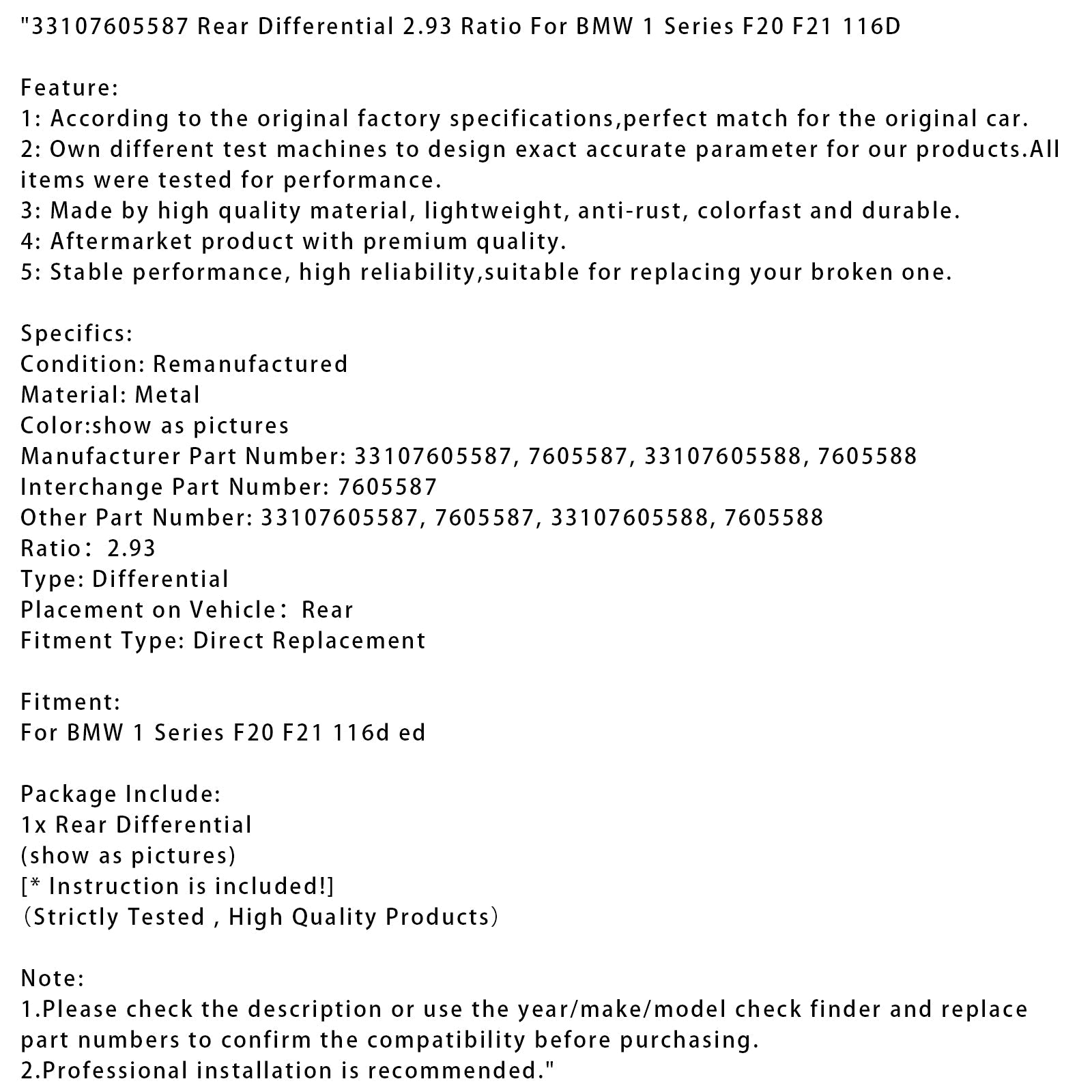 Achter differentiaal BMW 1 F20 F21 116D -serie, rapport 2.93, 33107605587