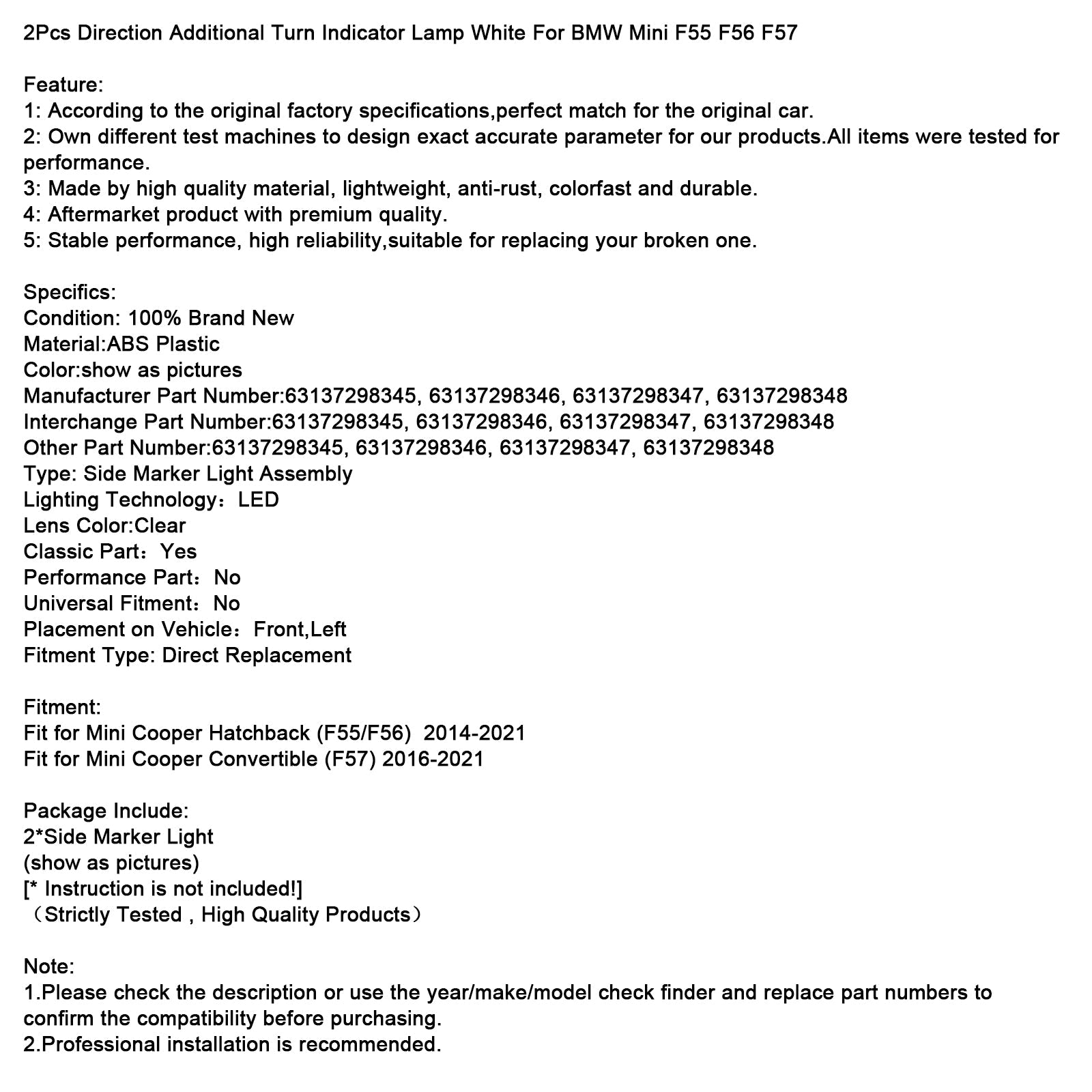 Conjunto de 2 señales de giro blancas adicionales para BMW Mini F55 F56 F57