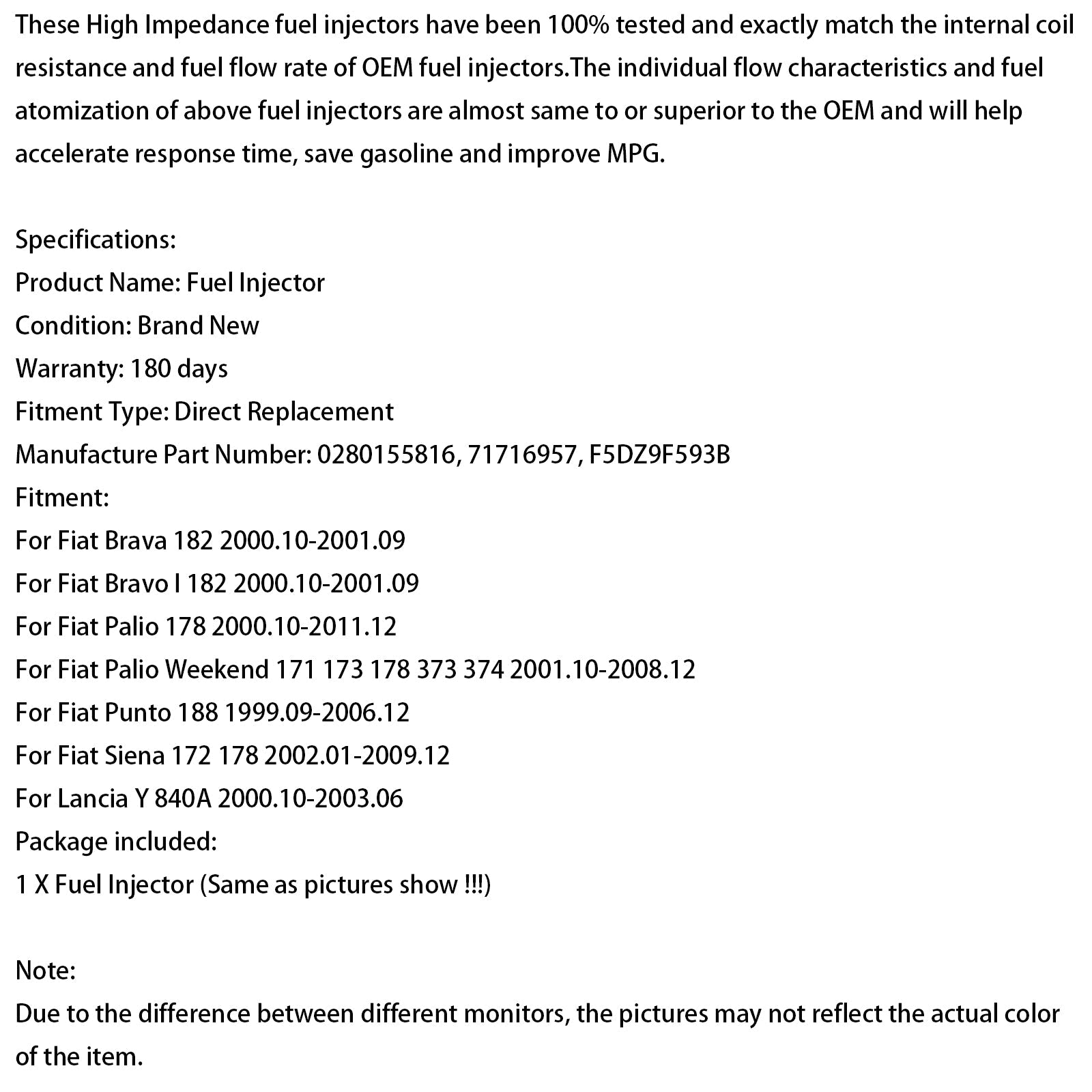 Wtryskiwacz paliwa 0280155816 Dostosowany do Fiat Brava Bravo I Palio Punto Siena Lancia Y, 1 sztuk