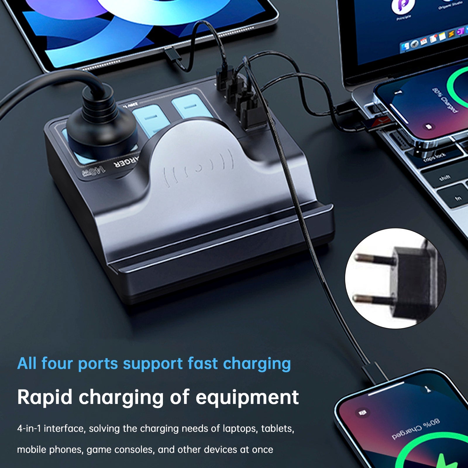 Inteligentna ładowarka bezprzewodowa 140 W, PD100 W o dużym mocy, dla laptopa, QC, telefonu komórkowego, gniazda UE