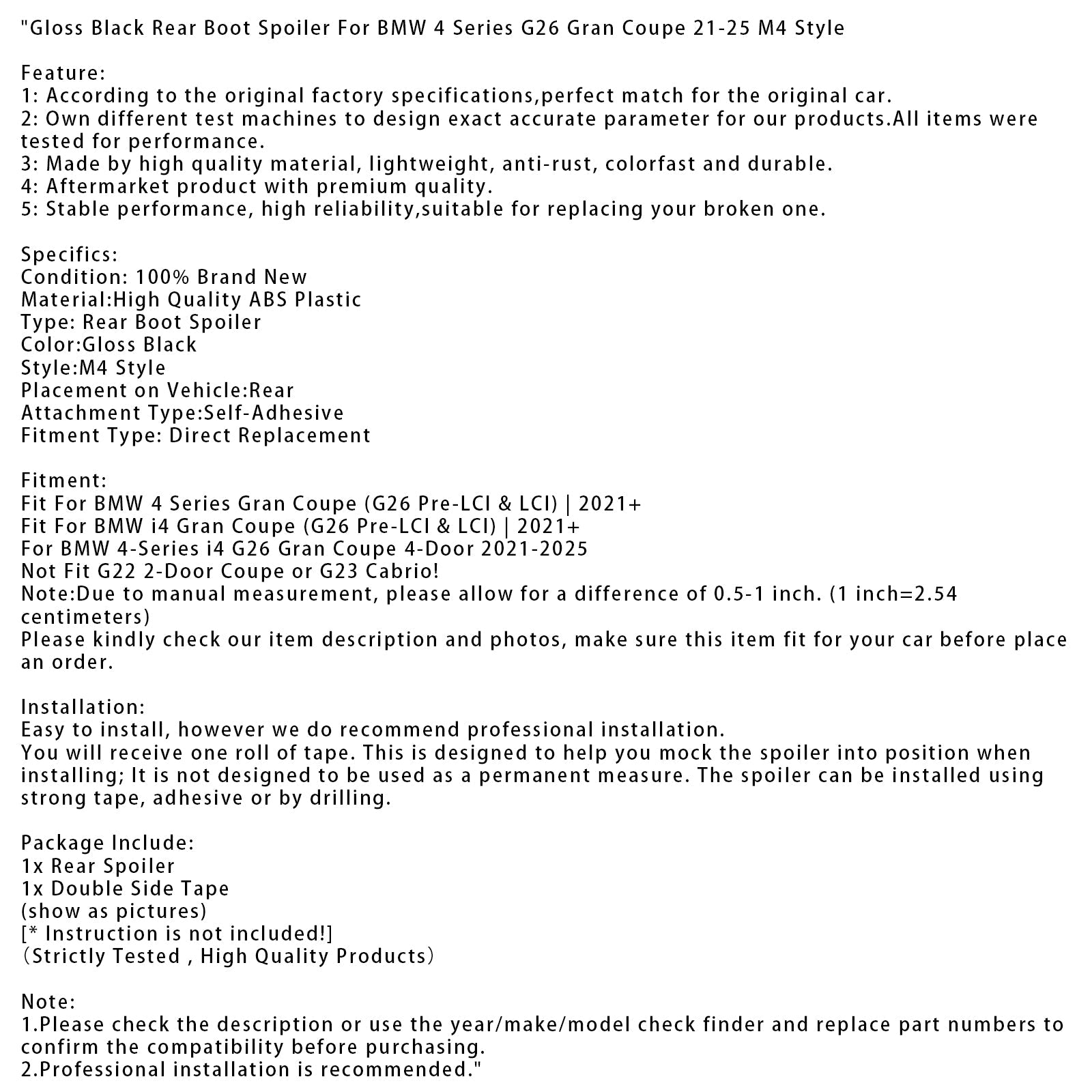 Alerón trasero negro brillante para BMW i4 Gran Coupé (G26 pre-LCI y LCI) 2021+