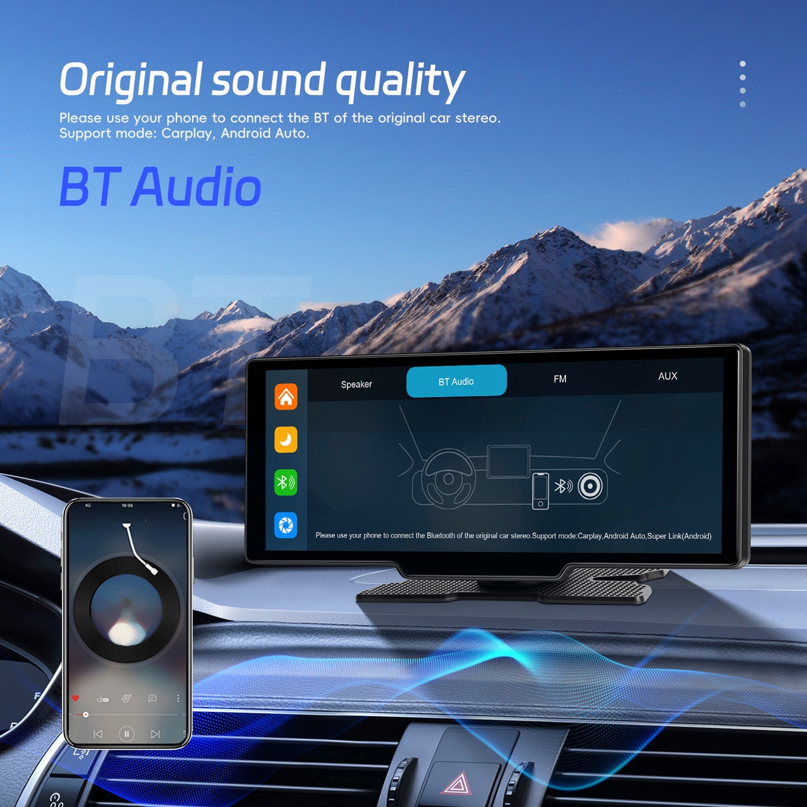 Autoradio portable Bluetooth 10,26"" avec navigation sans fil et compatible CarPlay, caméra AHD