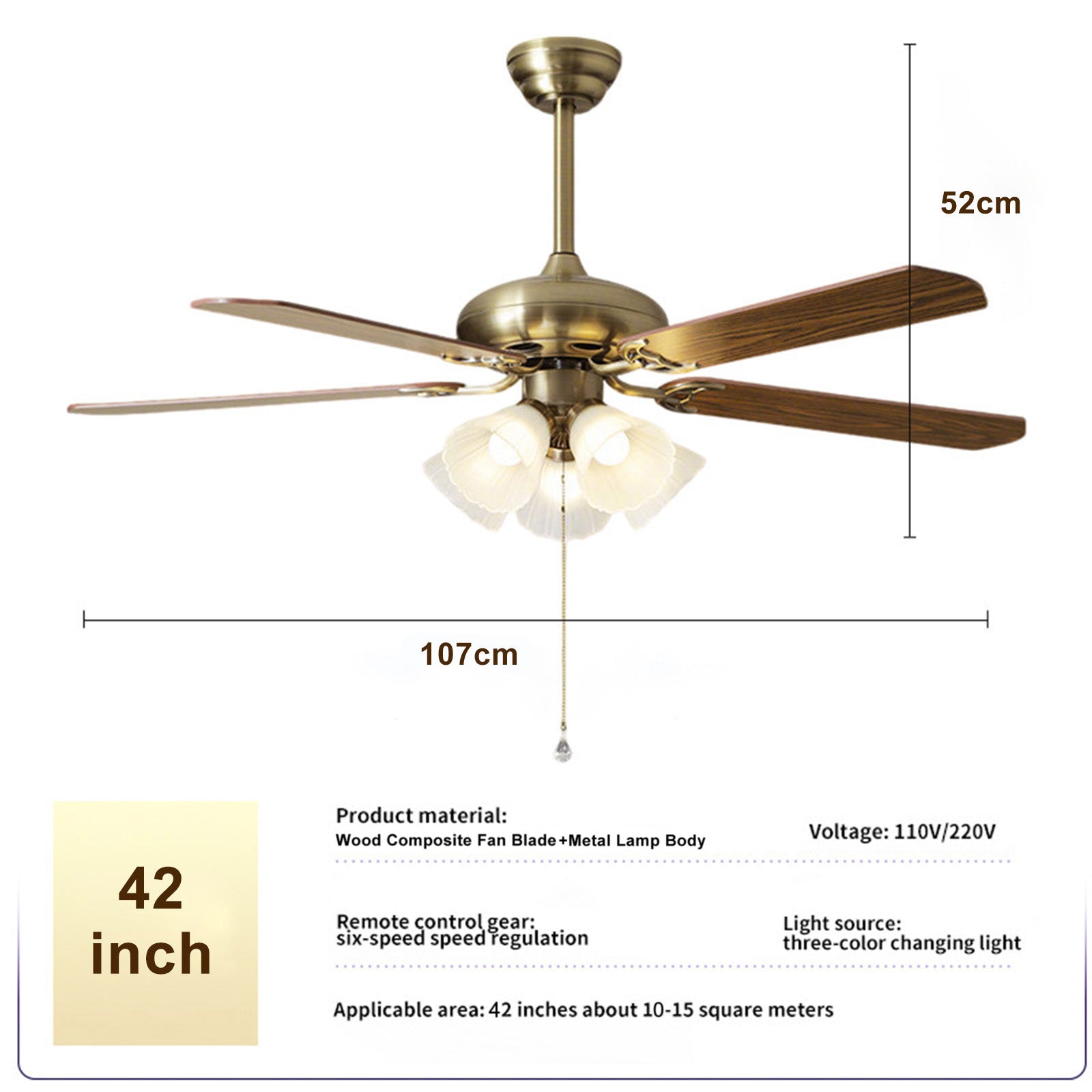 Ventilateur de Plafond Vintage 42" avec Éclairage – Télécommande, 6 Vitesses, Pales Réversibles, Bronze Antique et Noyer