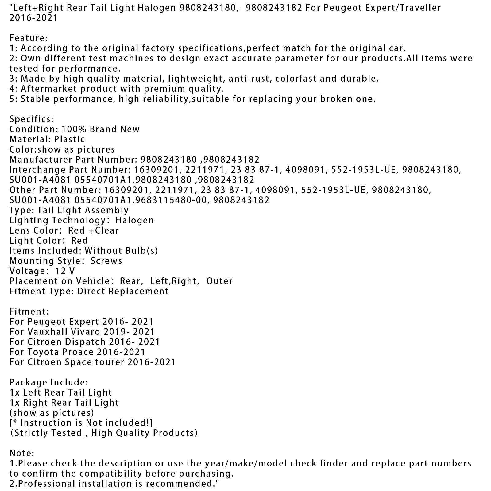 Lampy halogenowe tylne lewe i prawe do Toyoty Proace (2016-2021) - Numery części : 9808243180 i 9808243182