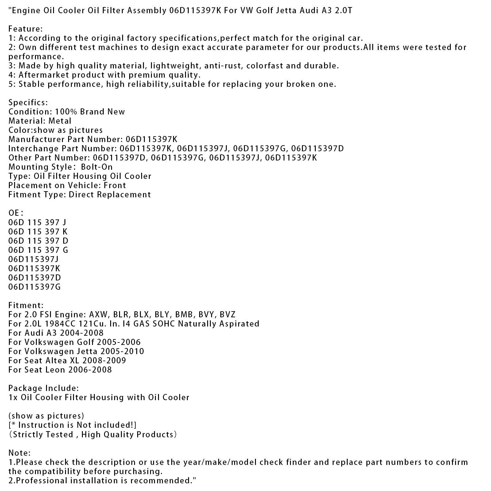 Ensemble de filtre à huile pour refroidisseur d&#39;huile moteur Volkswagen Golf 2005-2006 06D115397K 06D115397J