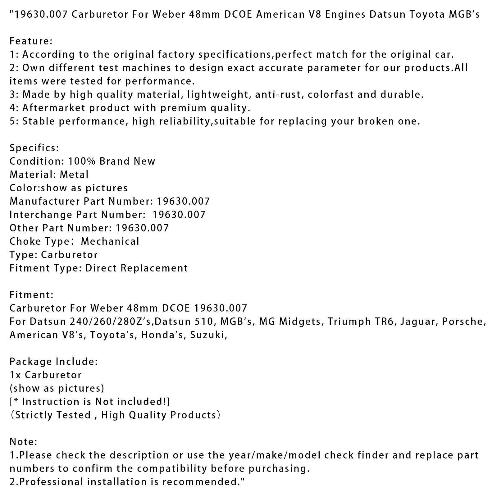 Carburateur 19630.007 pour moteurs V8 américains Weber 48 mm DCOE (Datsun, Toyota)